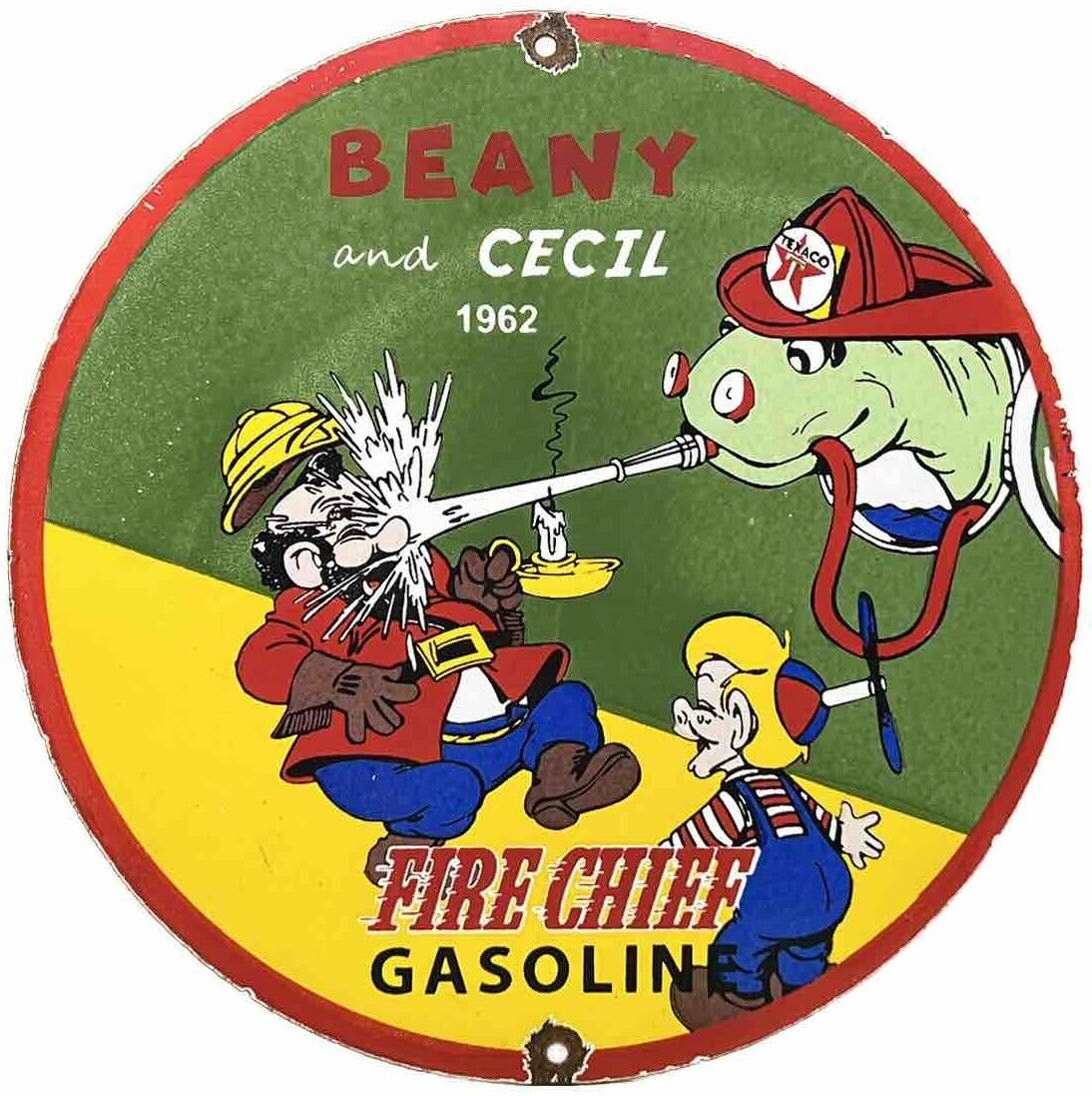 VINTAGE TEXACO FIRE CHIEF GASOLINE PORCELAIN SIGN GAS OIL PUMP PLATE BEANY CECIL