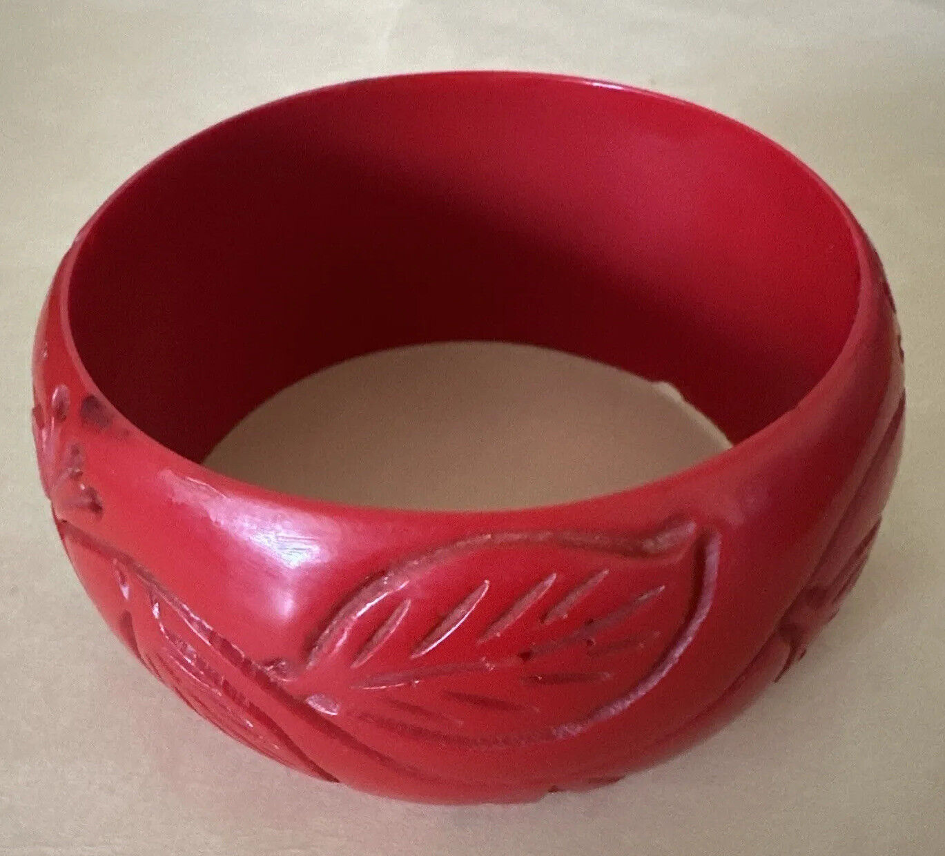 ULTIMATE vintage cherry red BANGLE floral carving BIG chunky RARE * NOT BAKELITE