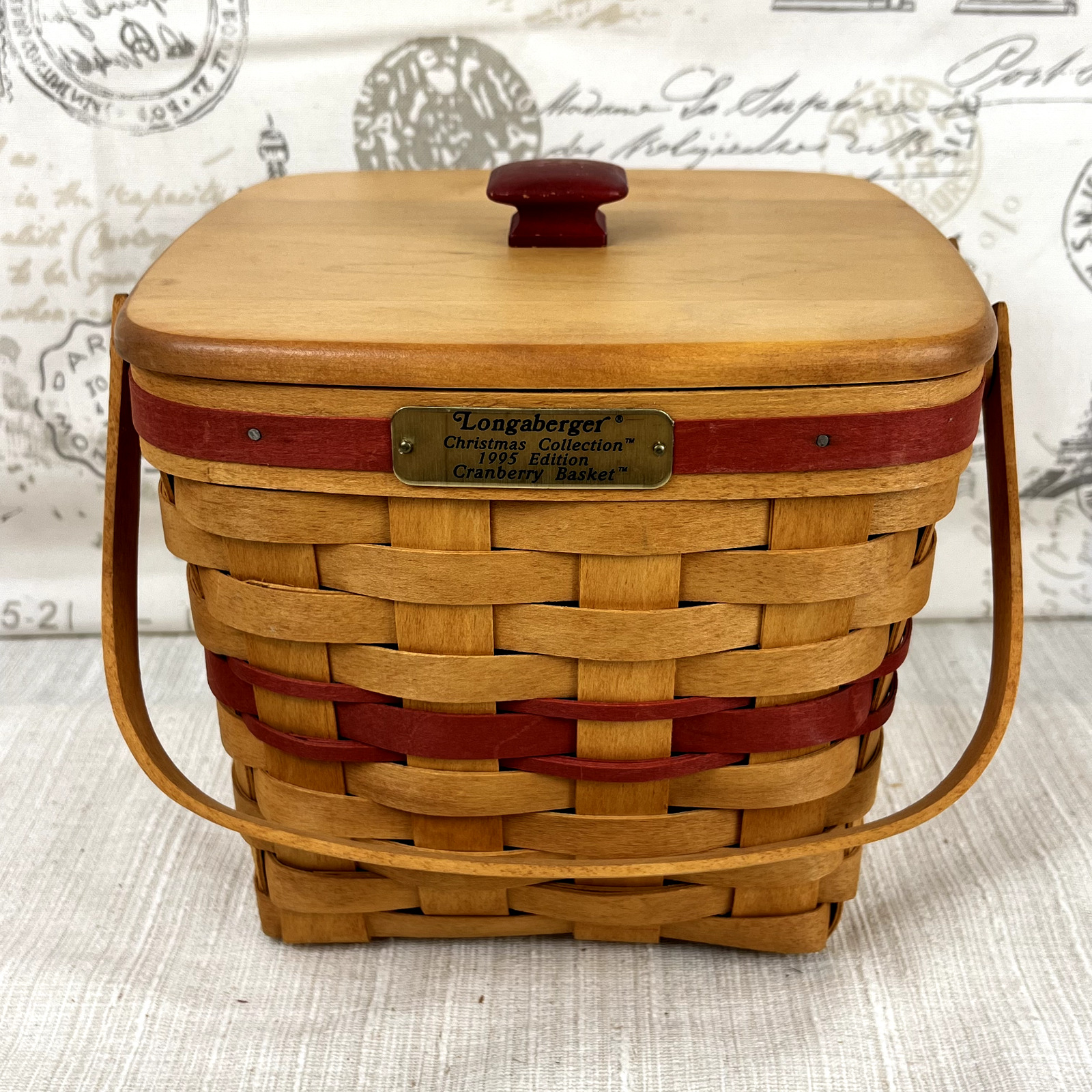 Longaberger 1995 Red Cranberry Basket with Wood Lid and Protector 8.5 x 8.5 x 7