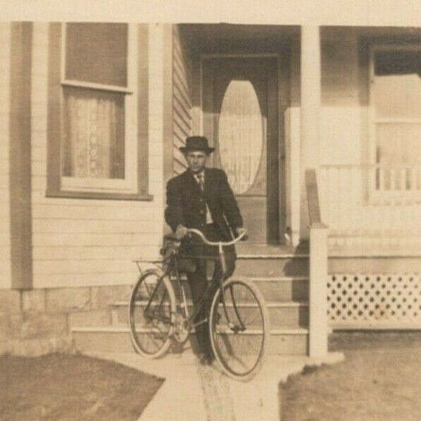 c.1910s - 1920s Man Bike Bicycle House RPPC Photo Postcard