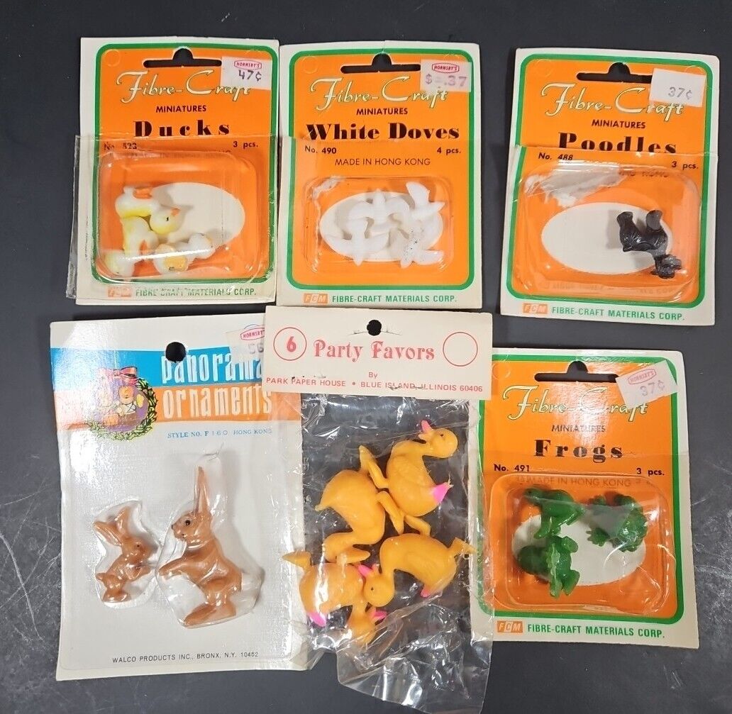 Vintage Fibre Craft Miniature Figurines Lot Open Packs Dove Ducks Poodle Frogs 