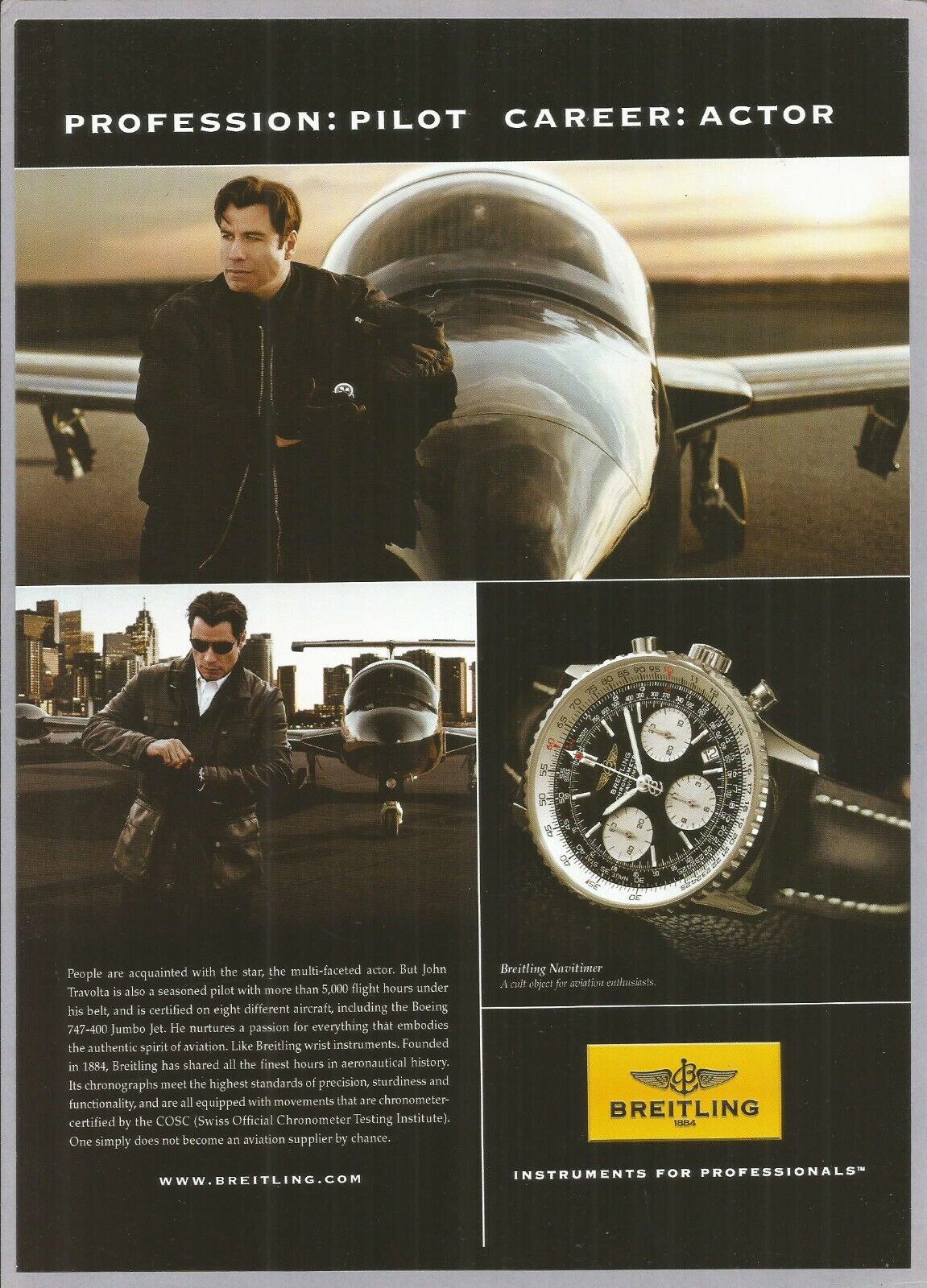 BREITLING NAVITIMER  . John Travolta, Pilot and Actor - 2002 Print Ad