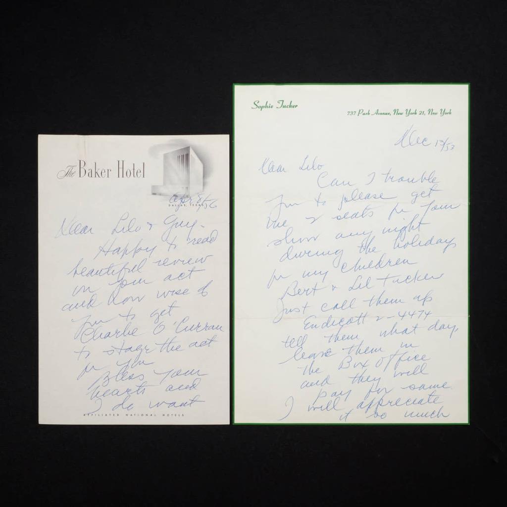 Two (2) Signed Autograph Handwritten Letters Sophie Tucker Red Hot Mama 1953/6