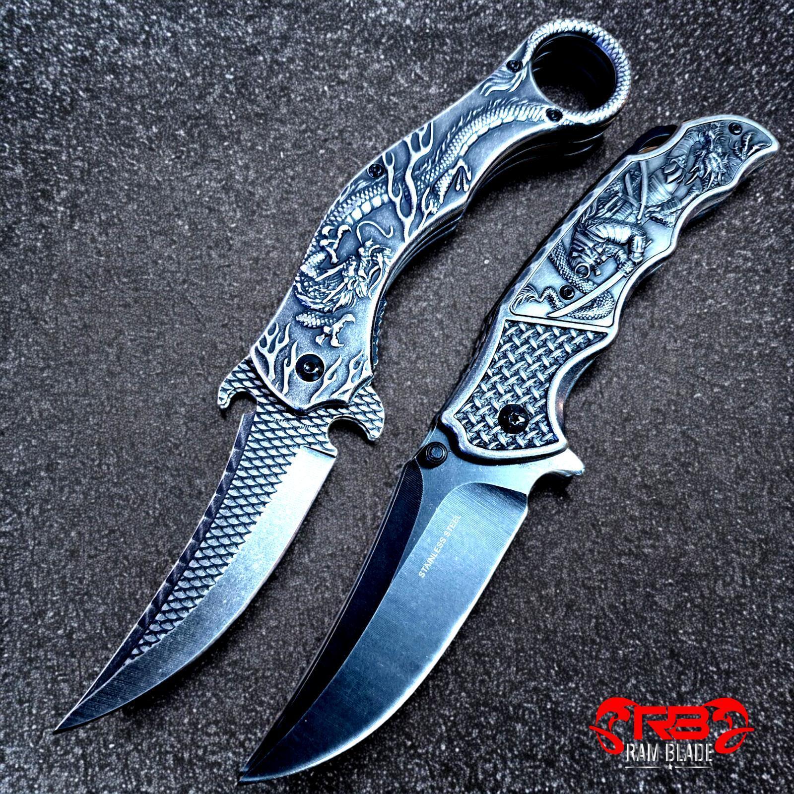 2 x STONE WASH 3D SPRING ASSISTED FOLDING TACTICAL KNIFE EDC Pocket BLADE Open