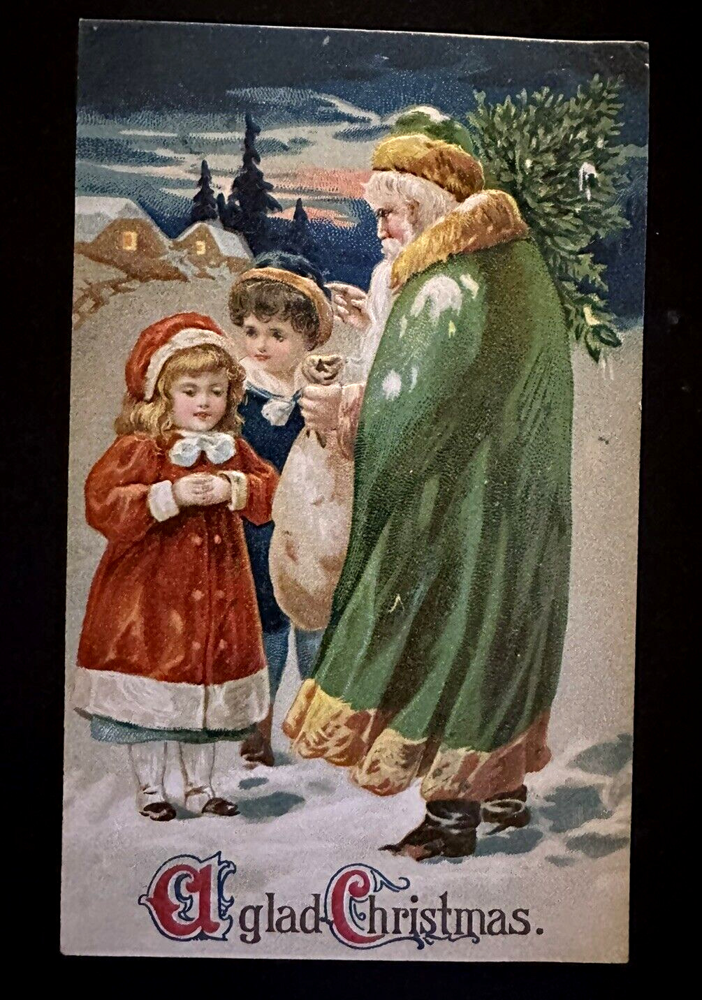 Long Green Robe Santa Claus in Snow w/ Children~Antique Christmas Postcard~h751