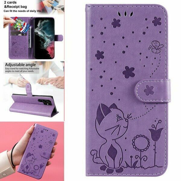 Leather 3D Cat Bee Wallet Flip Phone Case For Samsung S21 S23 S22 Ultra 