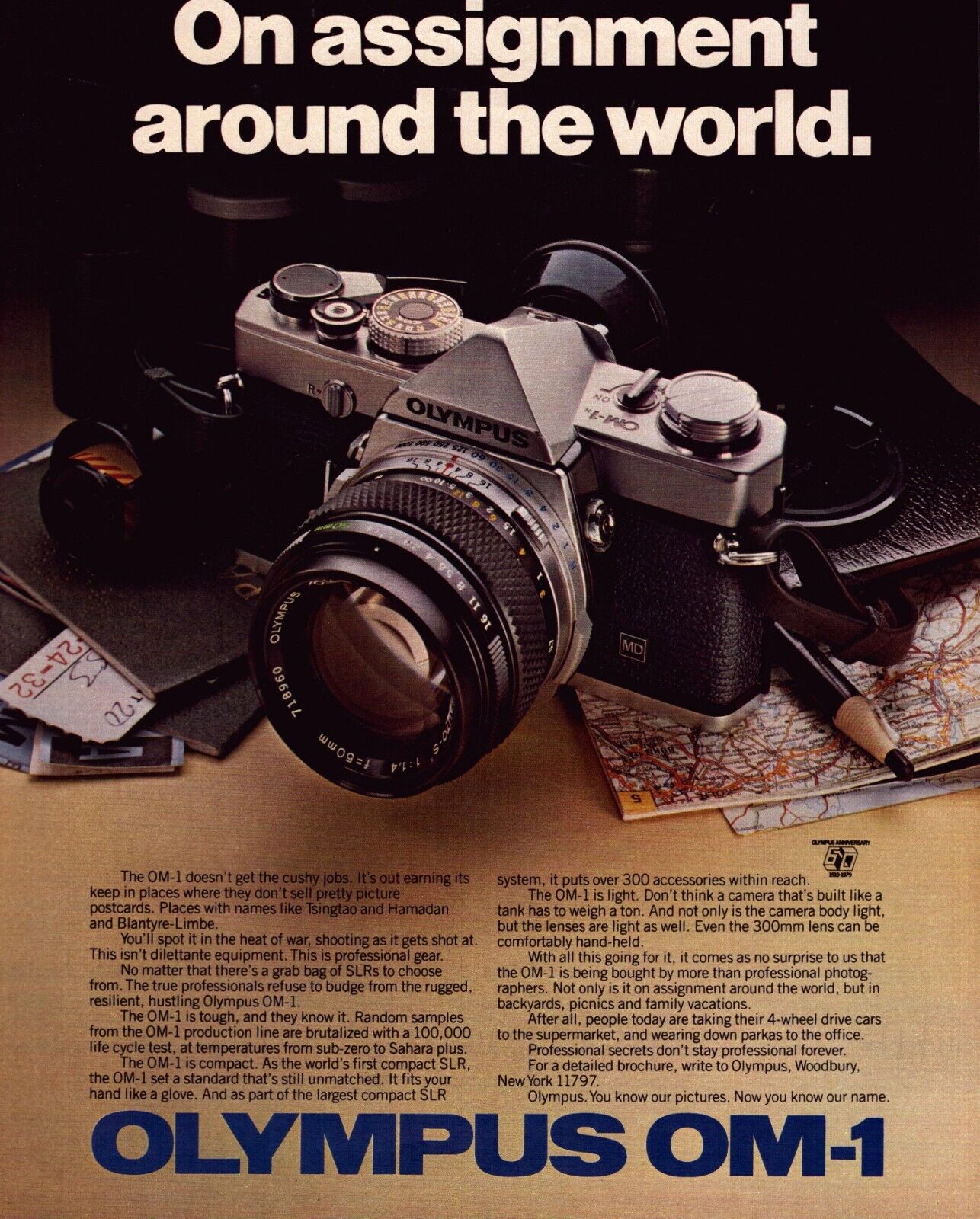 1979 Olympus OM1 Camera Print Ad SLR 35MM Around The World Map 300MM Lens