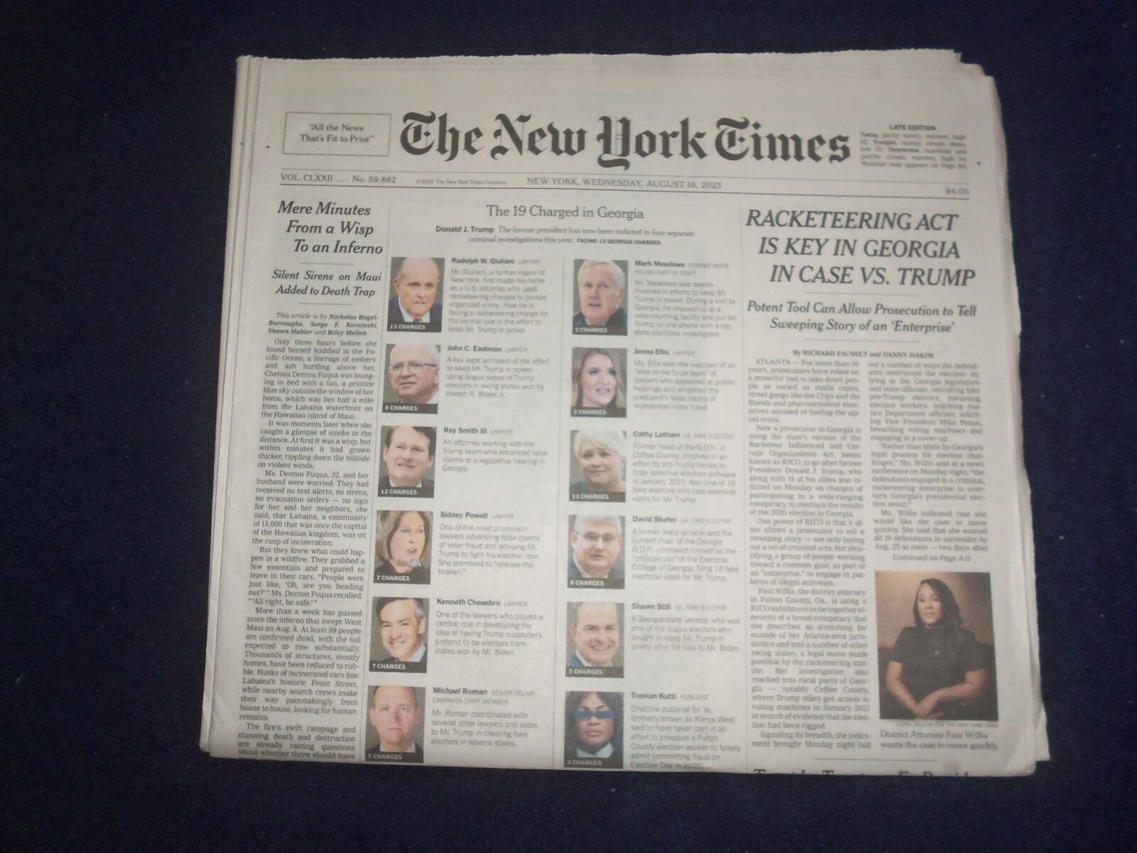2023 AUGUST 16 NEW YORK TIMES- 19 CHARGED IN GEORGIA RACKETEERING CASE VS. TRUMP
