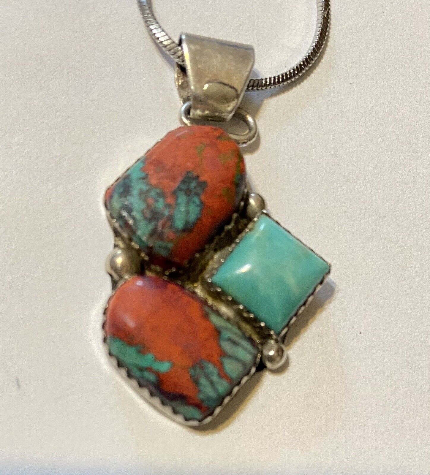 Griffin And Vangie Tsabetsaye Turquoise And Coral Sterling Silver Pendant