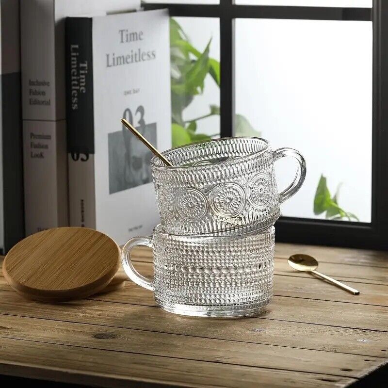 12pcs Vintage Coffee Mug Set, Glass Mugs With Bamboo Lid & Golden Spoons