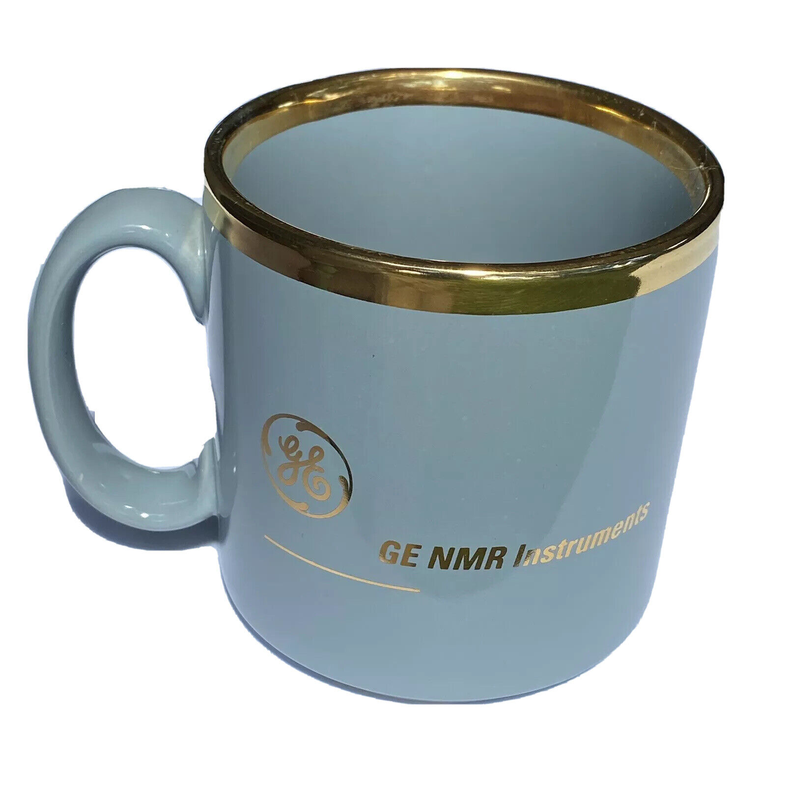 GE General Electric Ceramic Coffee Mug Cup Made England Blue Gold NMR Instrument