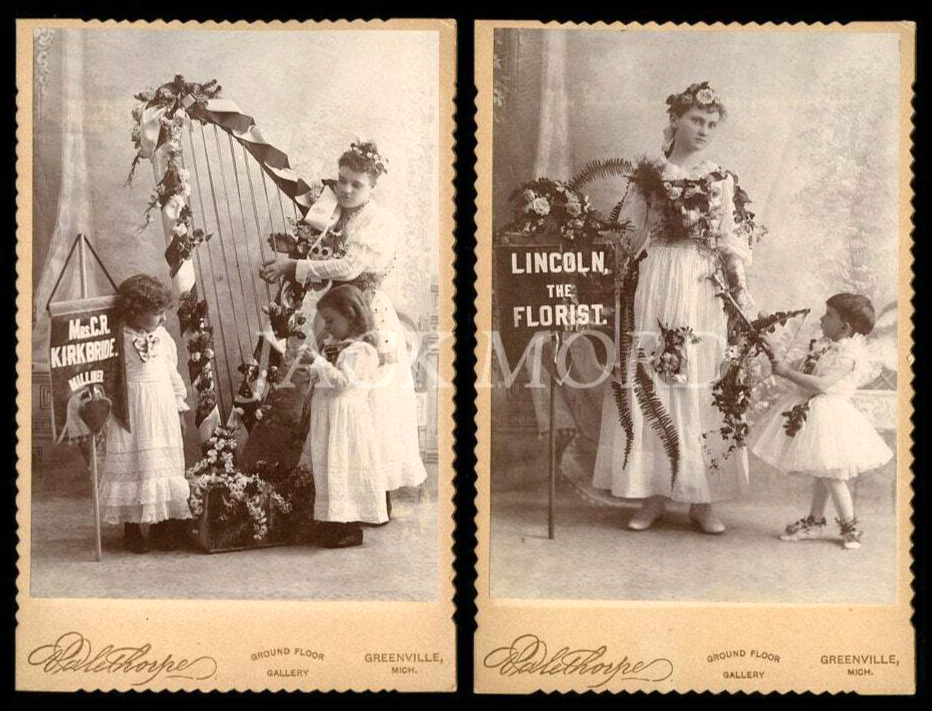 Amazing Pair Antique Photos Advertising Sign Women & Cupids Rare 1800s Lady