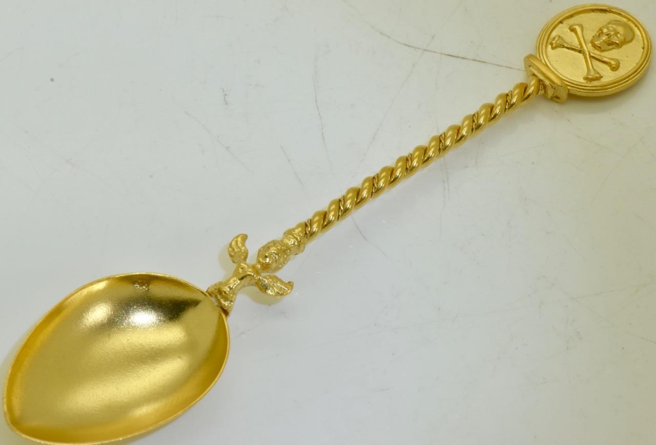 Antique Victorian Doctors Medicine Gilt Silver Poison Skull Cherub Spoon