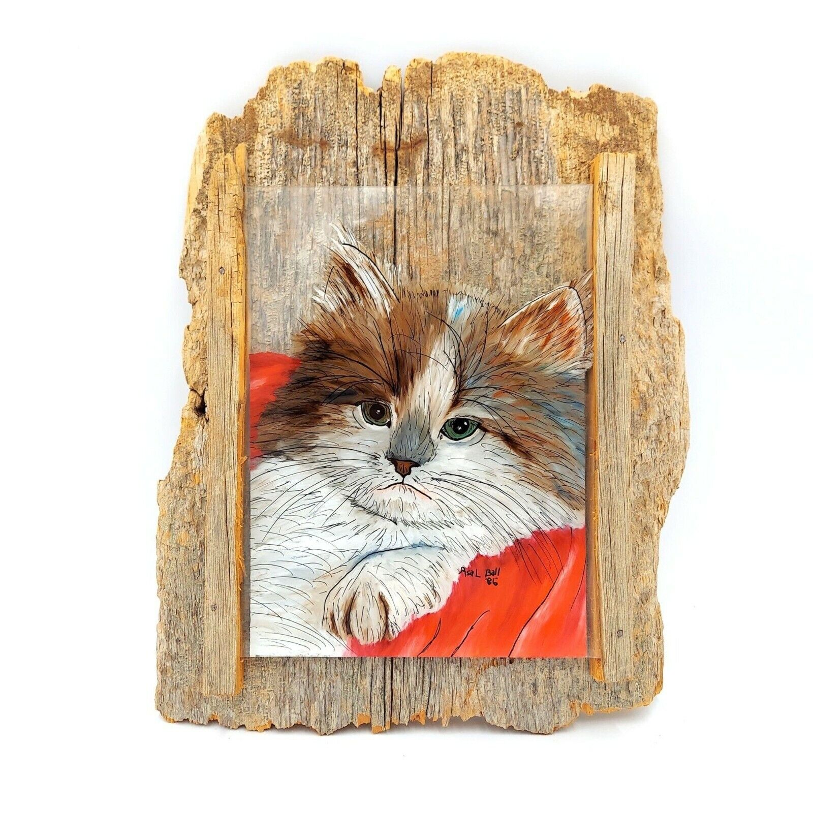 Reverse Cat Painting Barnwood OOAK Vintage Signed 1980s Reclaimed Folk Art