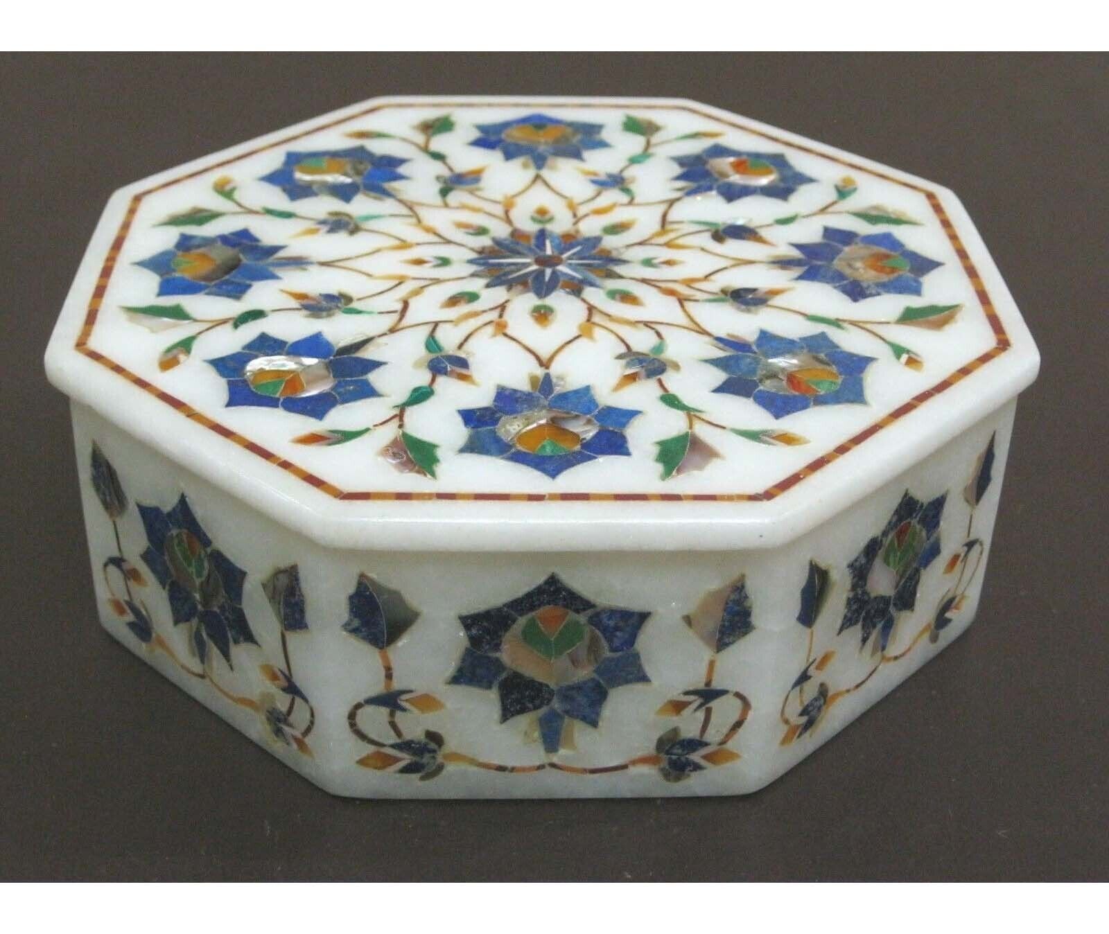 Handmade Octagon Marble Jewelry Box with Lapiz Lazuli Inlay Semiprecious Storage