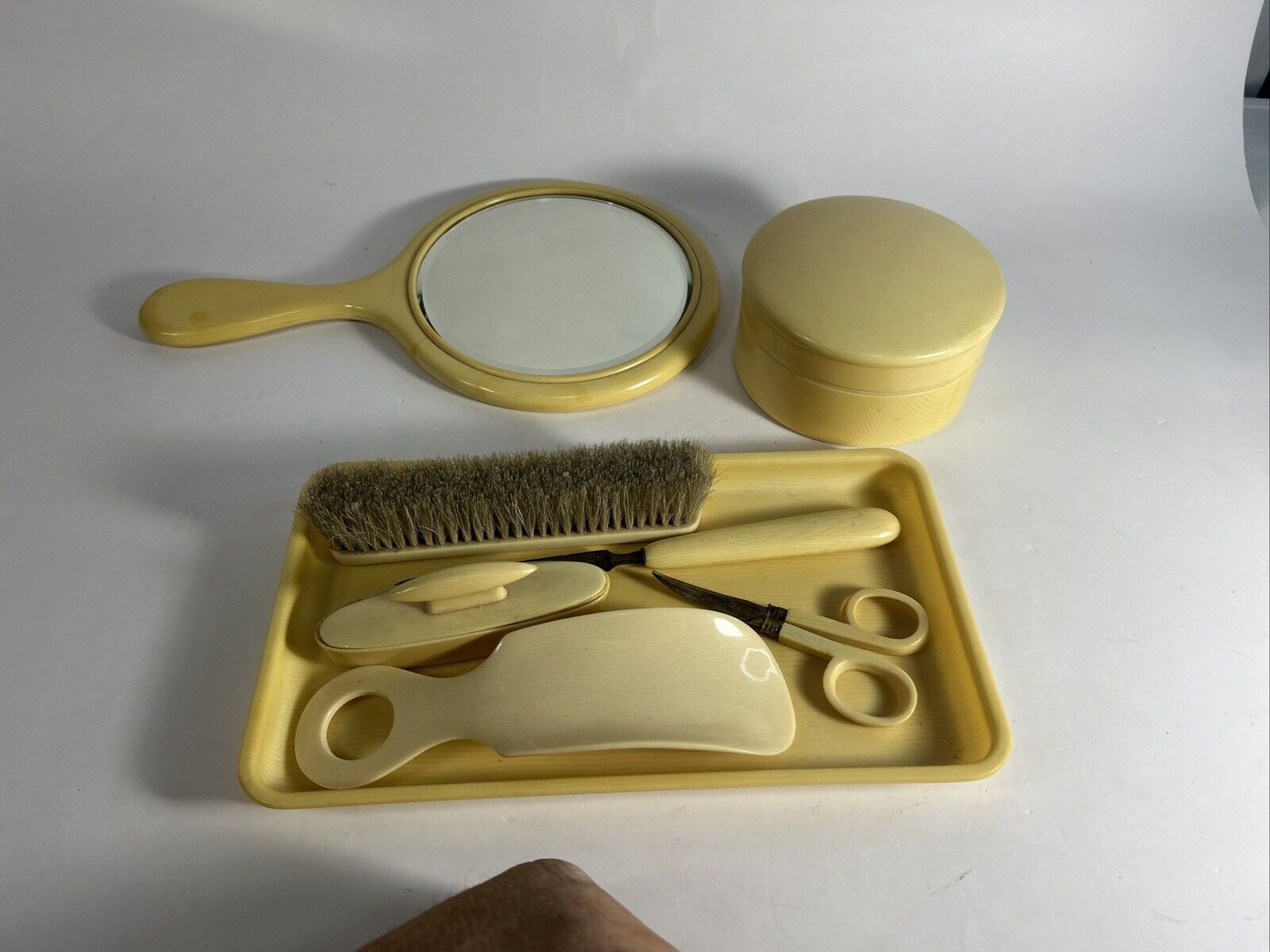 7 Piece, Bakelite Vintage French Ivory Hand Vanity Mirror Grooming,kit