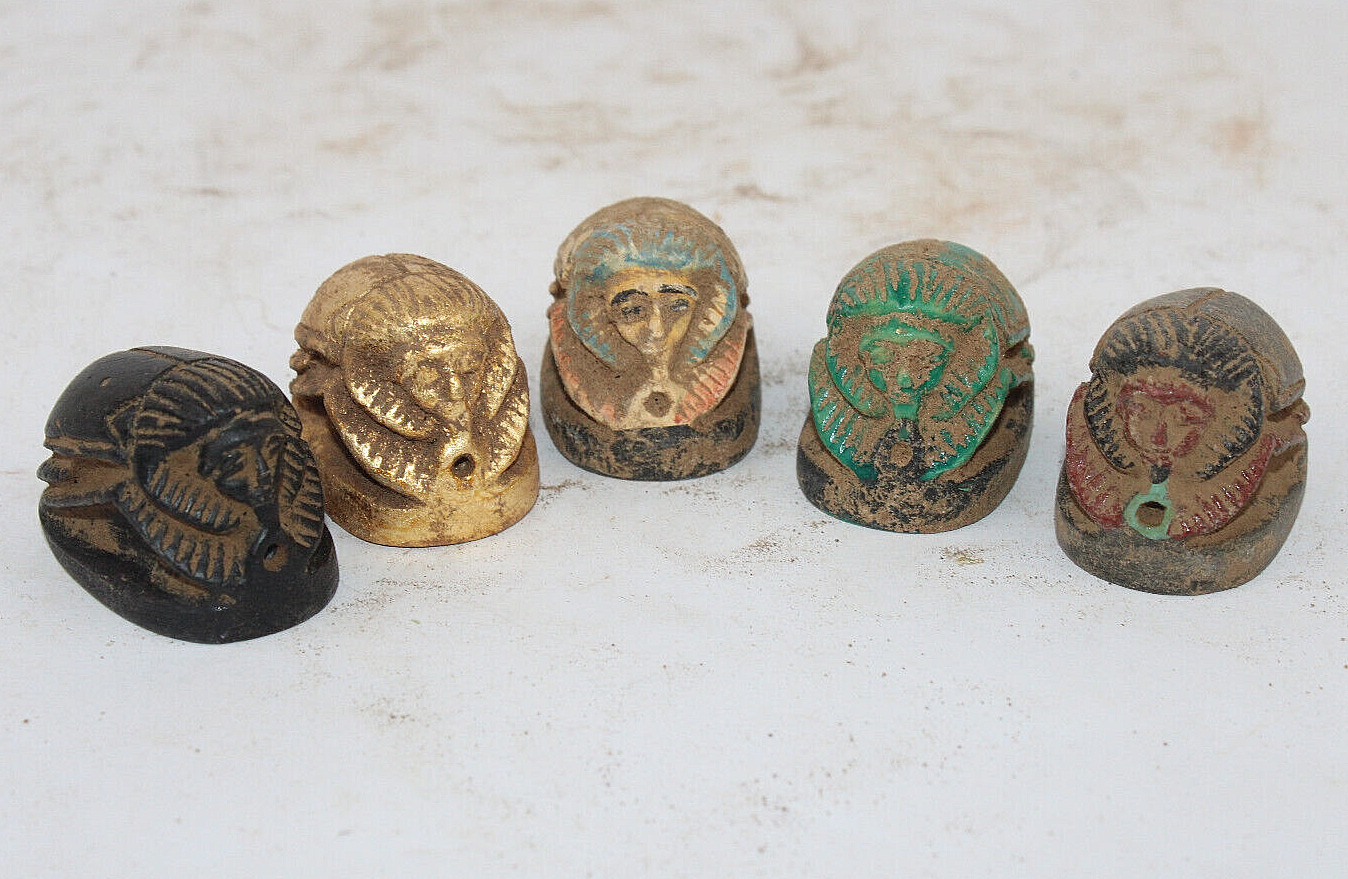 5 RARE ANCIENT EGYPTIAN KINGDOM ANTIQUE SCARAB with Human Face Carved Stone (B+)