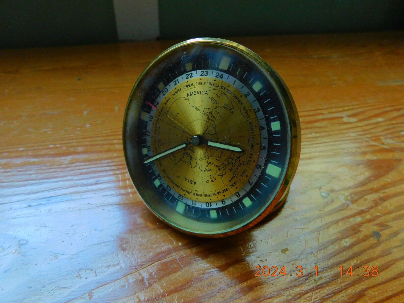Vintage IMHOF Swiss-made brass world-time desk clock
