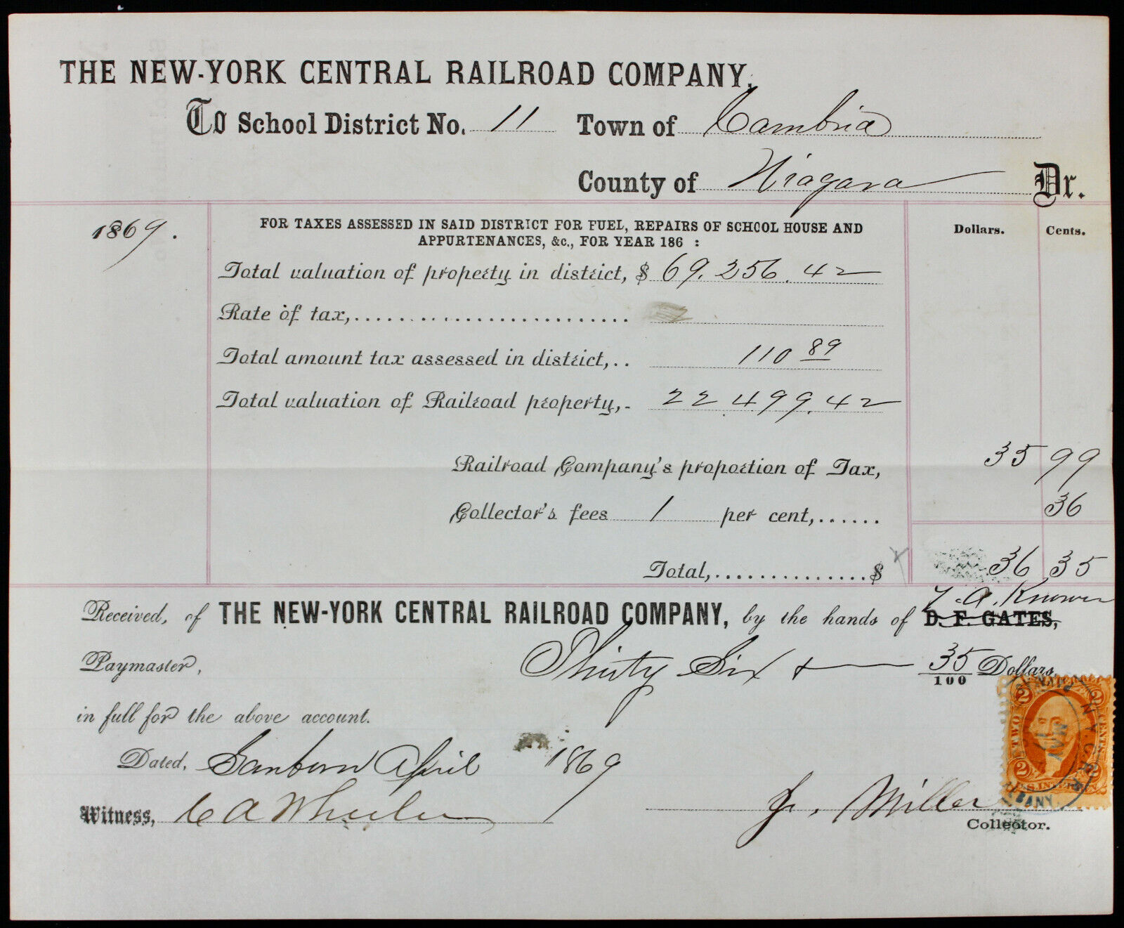 Original 1869 New York Central Railroad Cambria Tax Document