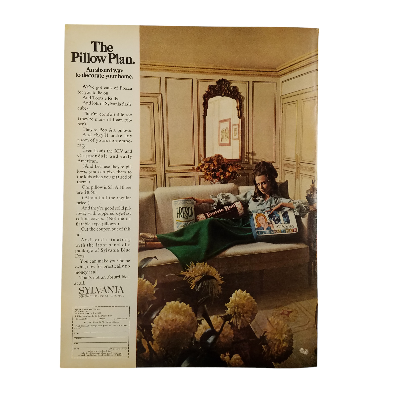1969 Sylvania Vintage Print Ad The Pillow Plan Absurd Way To Decorate Your Home