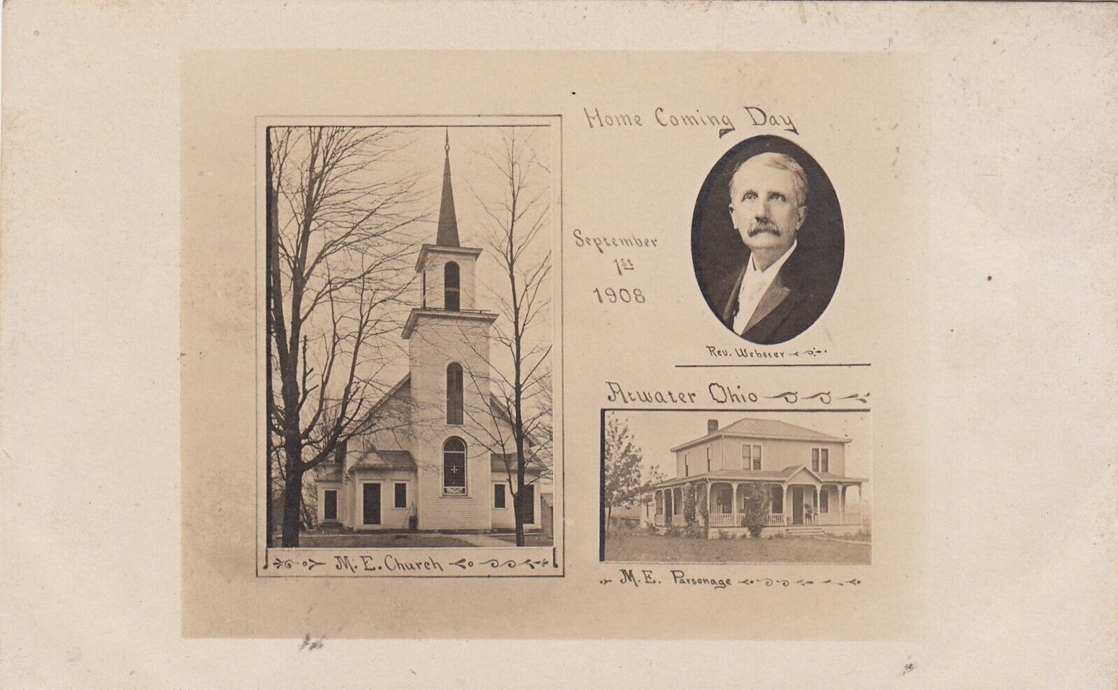1908 Home Coming M.E. Church & Parsonage Rev Webster Atwater OH Postcard ~ PC2AI
