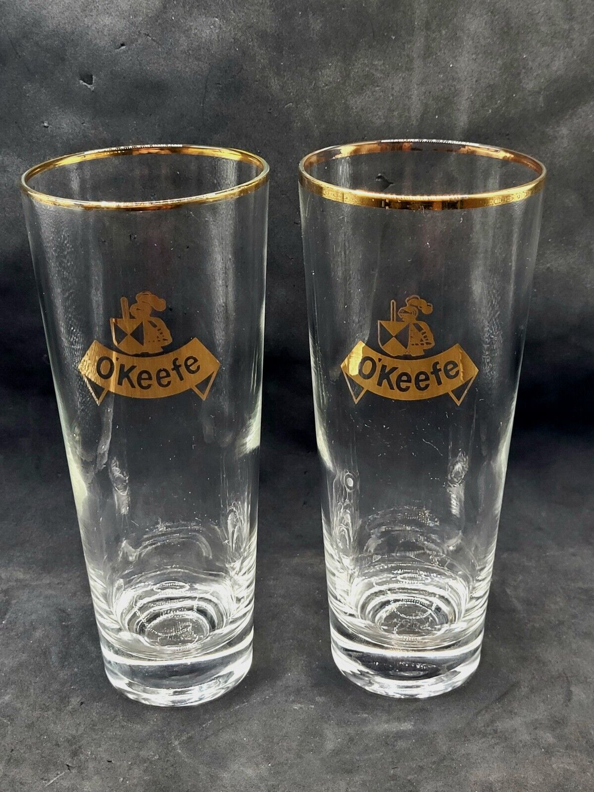 Vintage O\'Keefe Pilsner Glasses Set Of 2 Gold Rim Knight Logo Barware Canadiana 