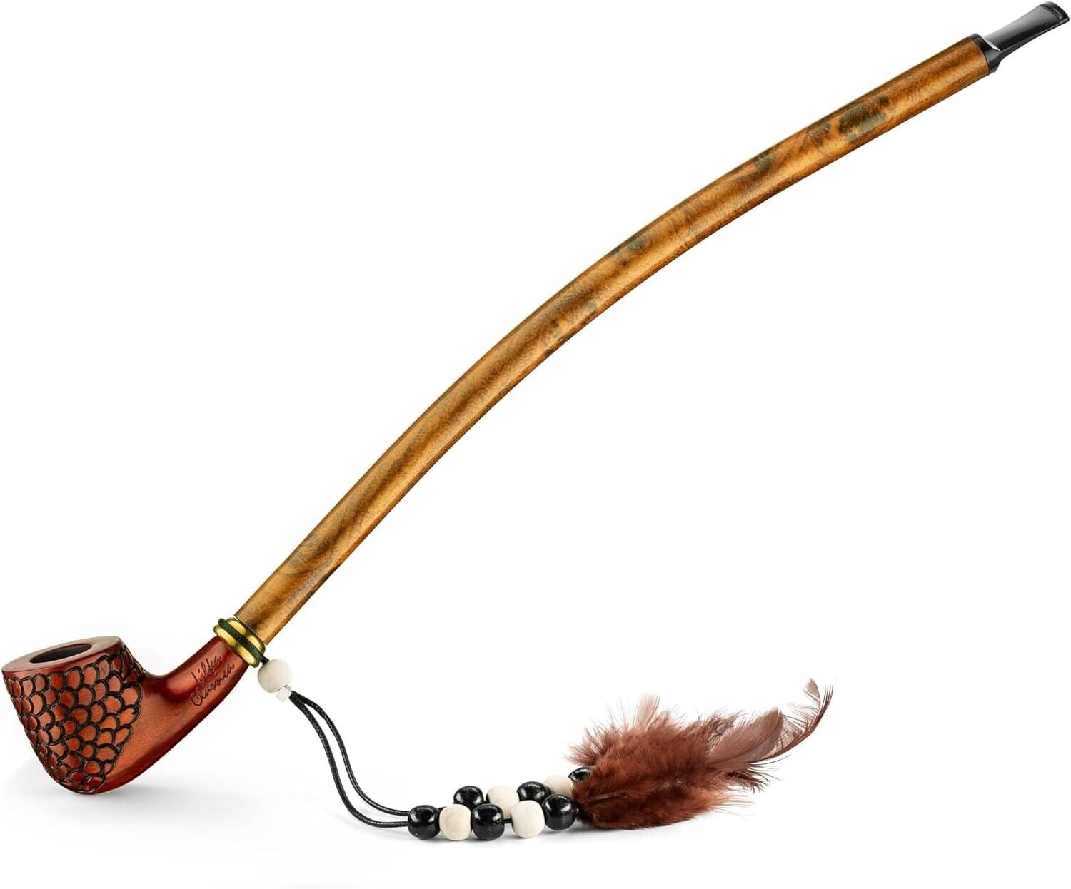 Extra Long 14 Stem Churchwarden Tobacco Pipe - with Indian Spirit Feathers