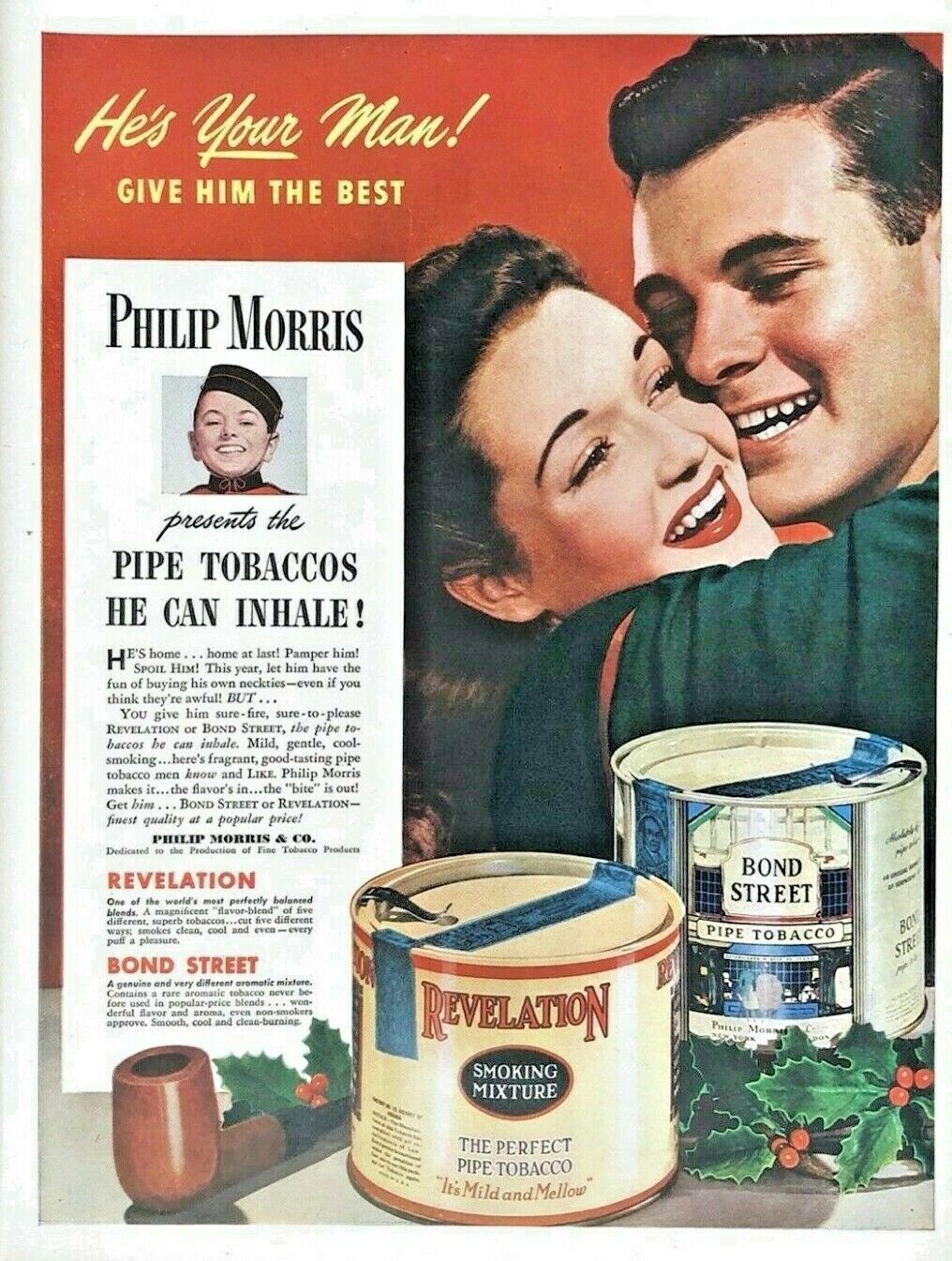 1945 Philip Morris Vintage Print Ad Christmas He's Your Man Give Him The Best 