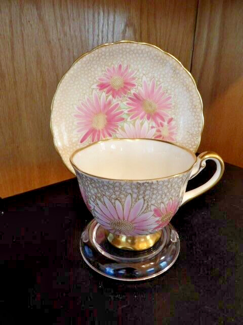 Vintage Royal Chelsea Teacup, Saucer Pink Floral Gold Bone China England