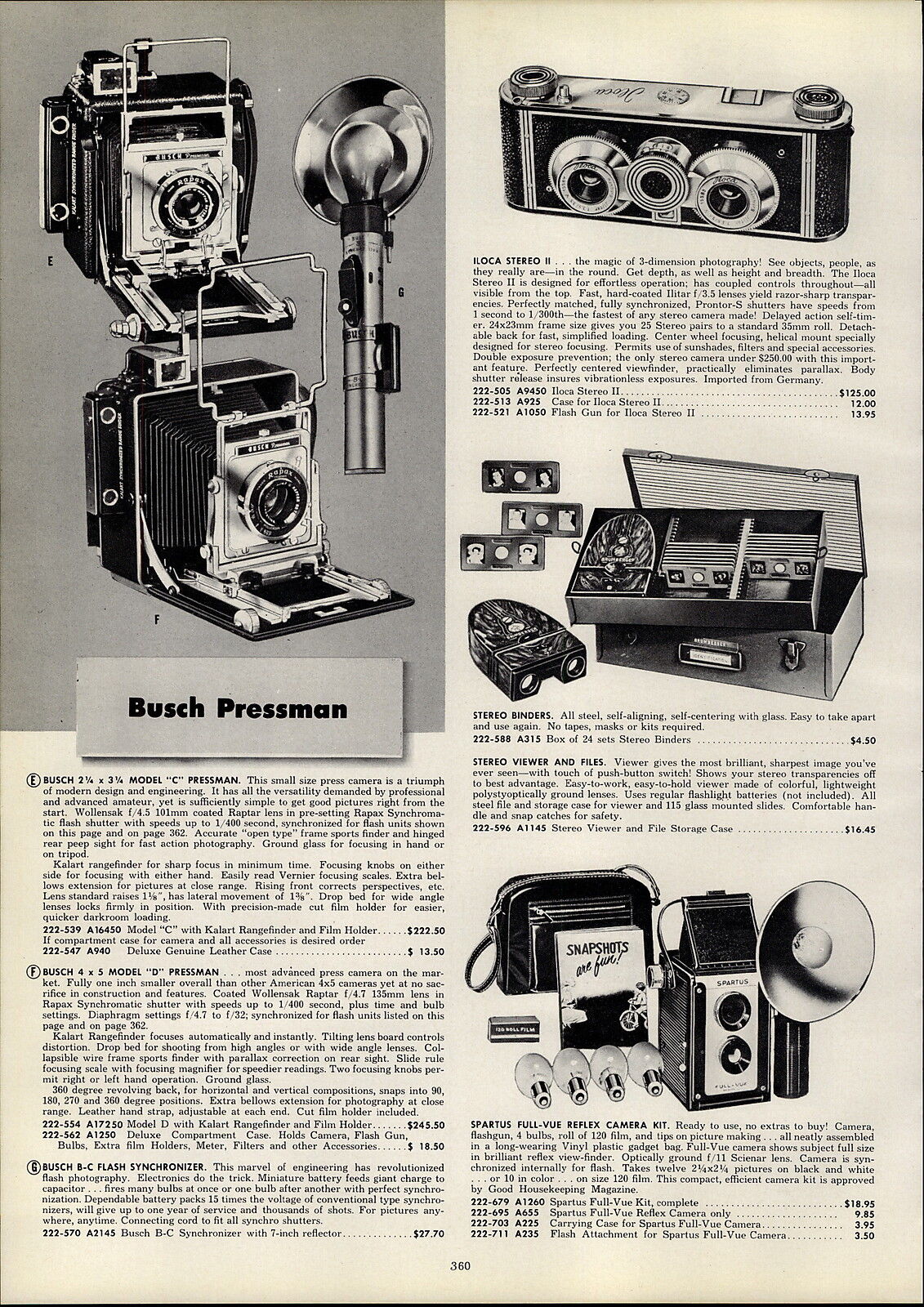 1954 PAPER AD Busch Pressman Camera Model C D Iloca Stereo Bolsey DeJur