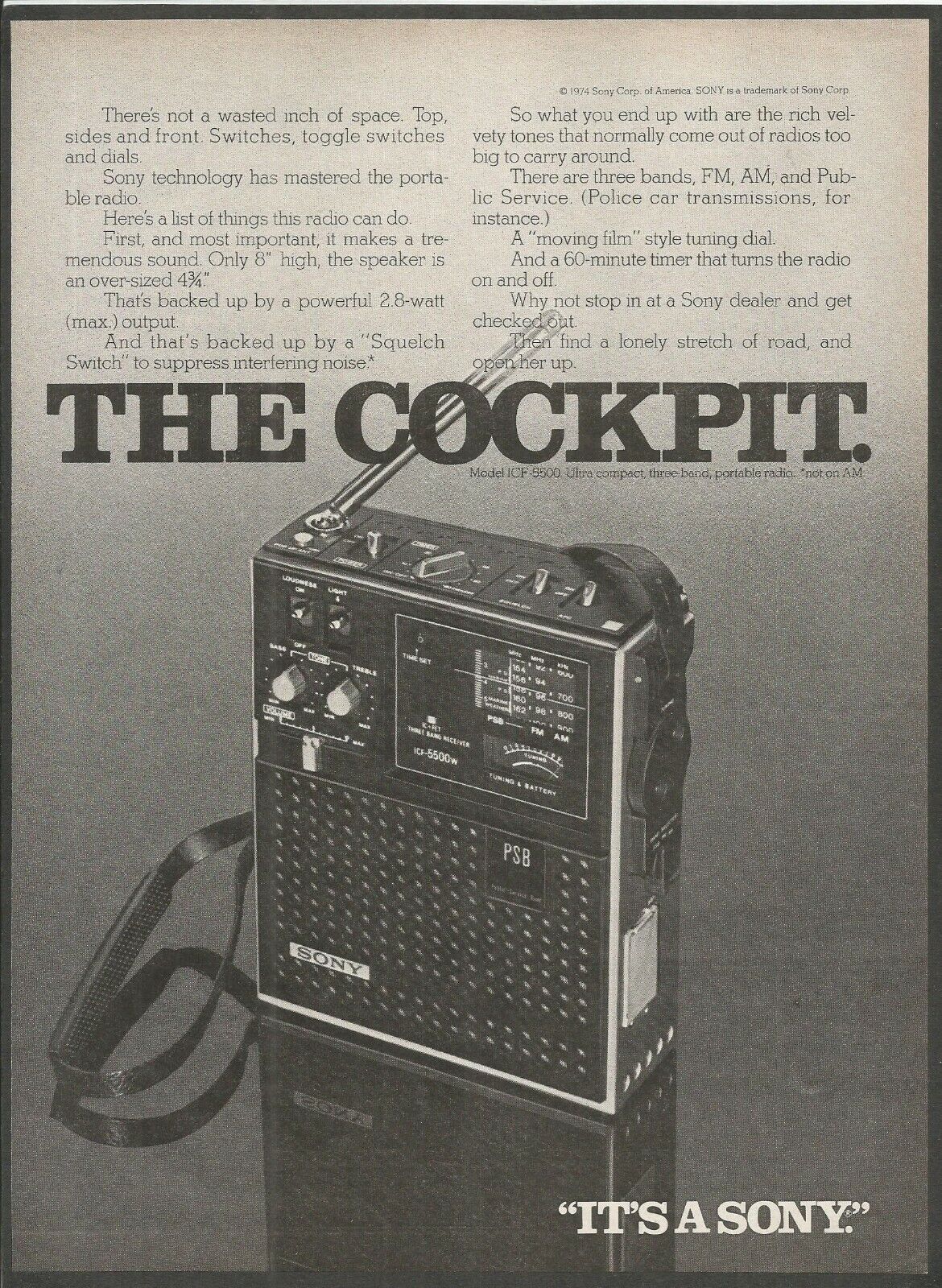 SONY ICF-5500 Ultra Compact Portable Radio - THE COCKPIT - 1974 Vintage Print Ad