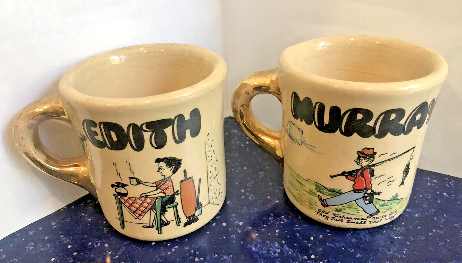 2 Vintage Personalized Tepco China Mugs -Fishing - HomeMaker -Murray -Edith