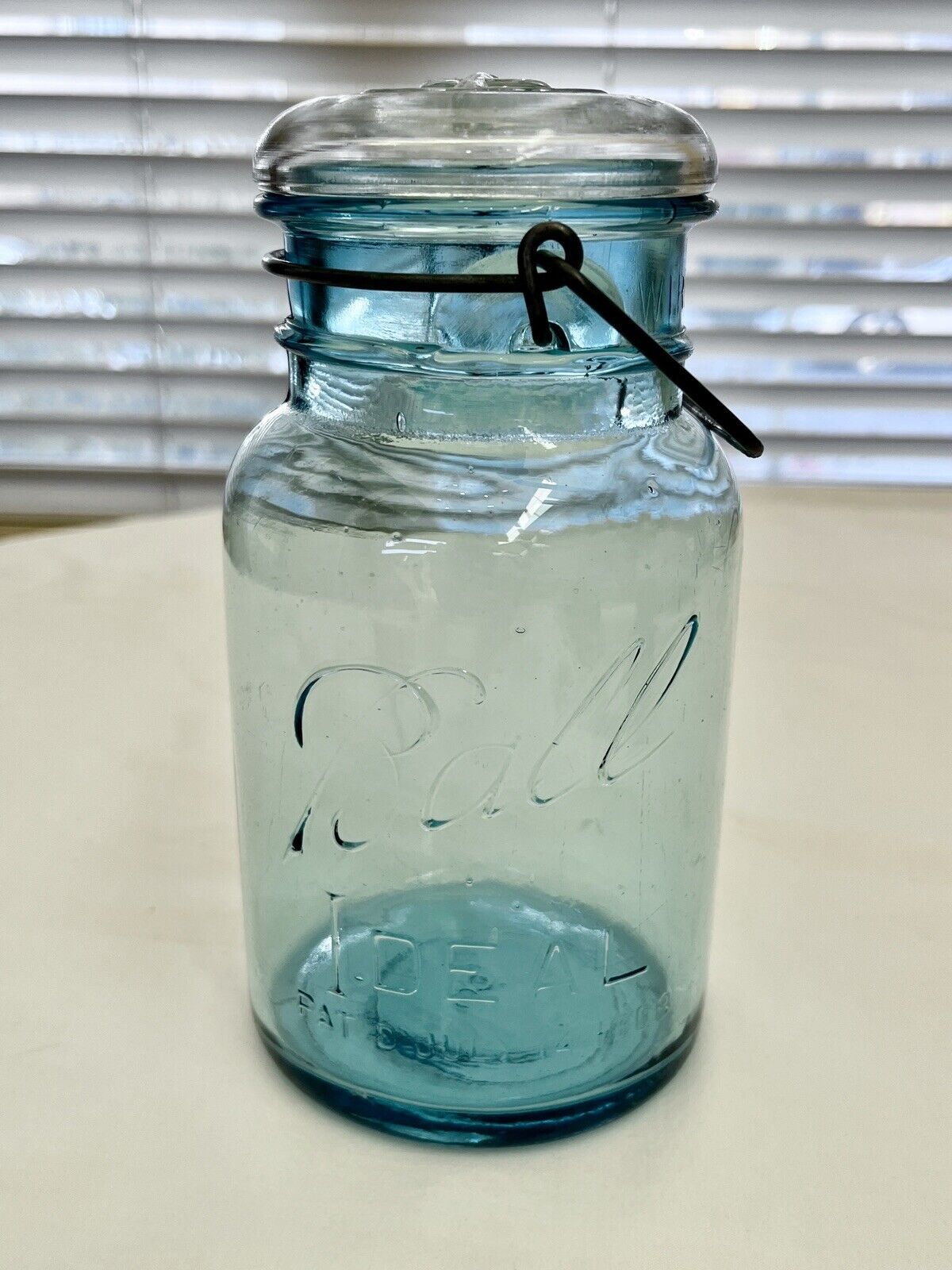 Ball Ideal Aqua Embossed Glass Mason Jar Marked- 8  July 14 1908-Clear Glass Lid