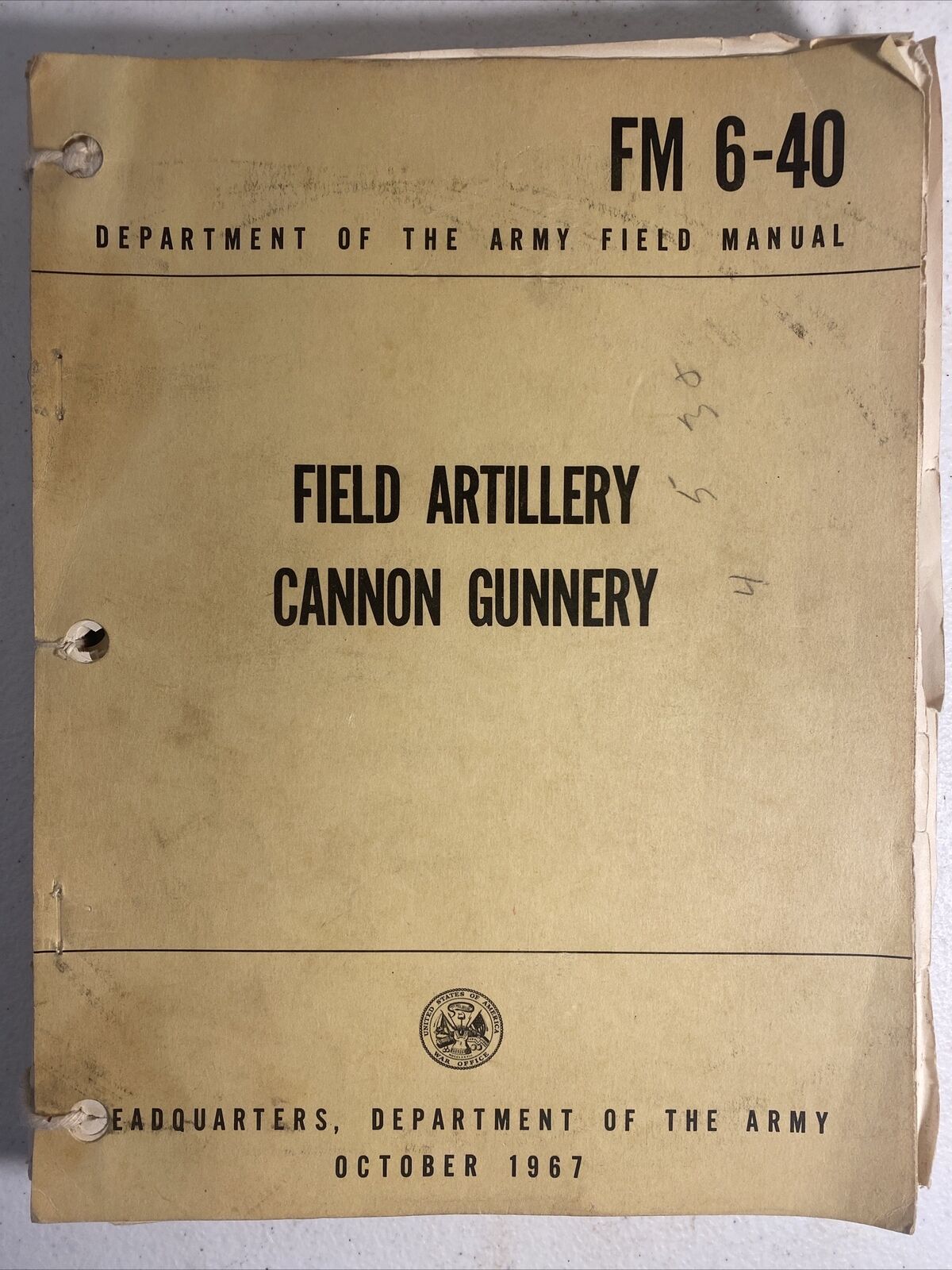 Army Field Manual Field Artillery Cannon Gunnery Fm 6-40 1967