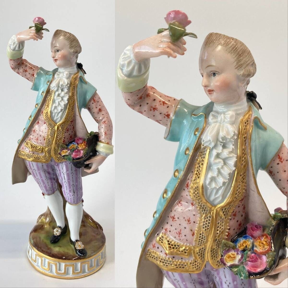 18th Antique Meissen Porcelain Figurine 'Boy With Flower Bouquet' by M.V.Acier