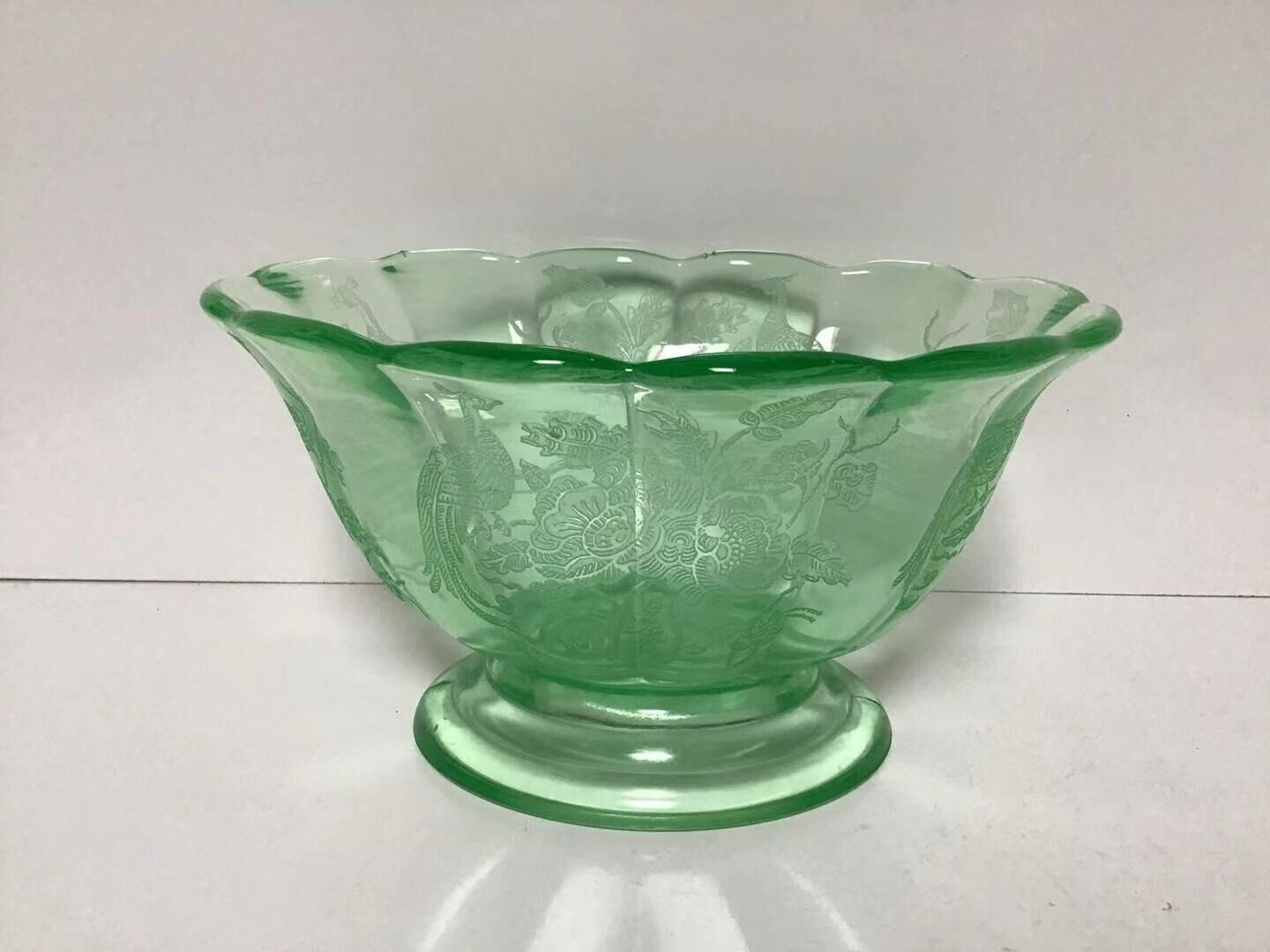 Vintage Large Antique Etching Green Glass Bowl For Gift Set of Only One