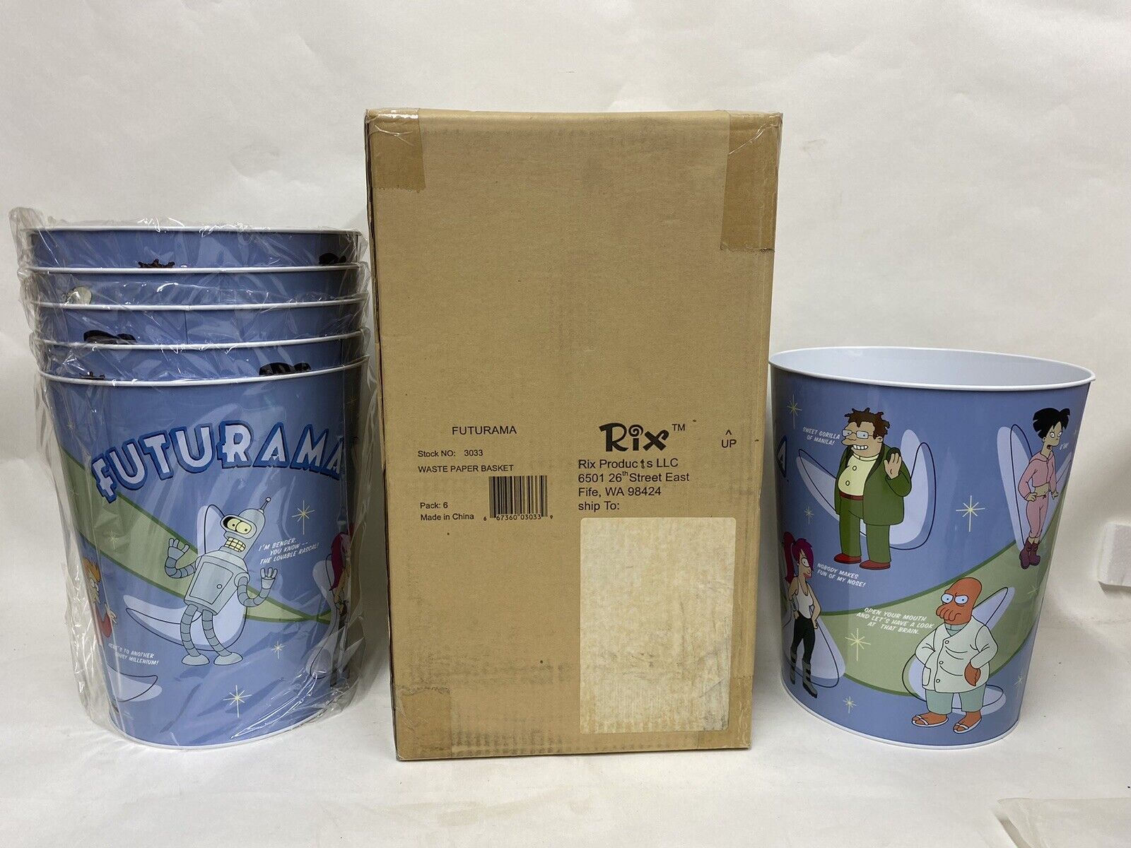 Sealed Factory Case of 6 Futurama Tin  Trash Can  Vintage Made in 2002