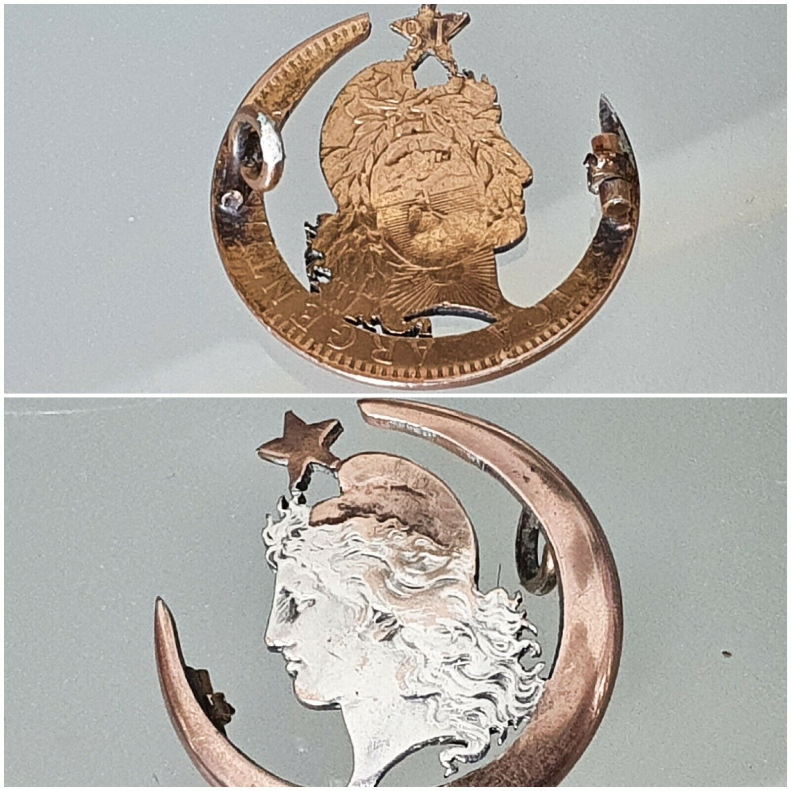 Pin Freedom Masonic, Argentina Coin Openwork Pesos 1890, Silver & Vermeil