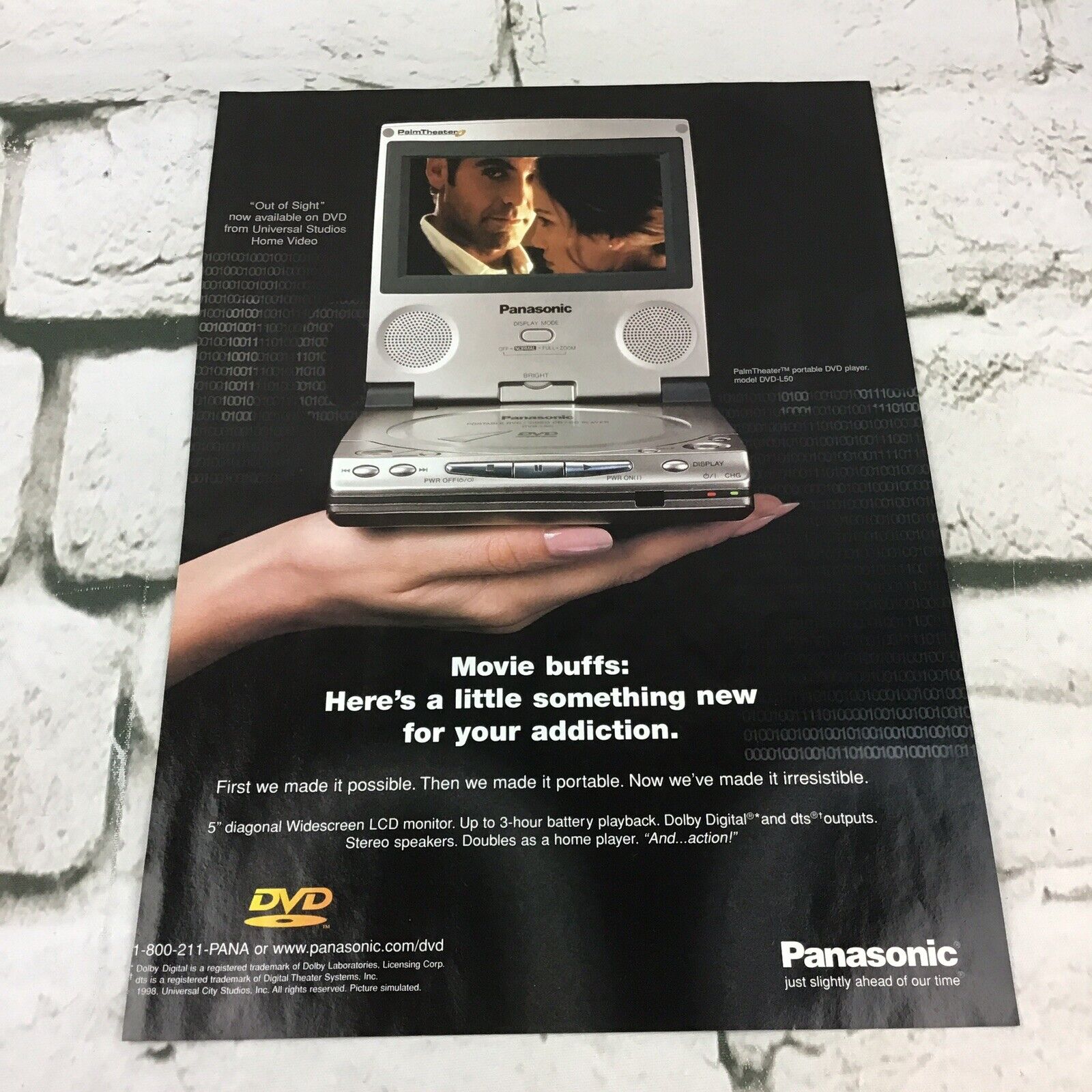 Vintage 1999 Panasonic PalmTheater Portable DVD Player Advertising Art Print Ad