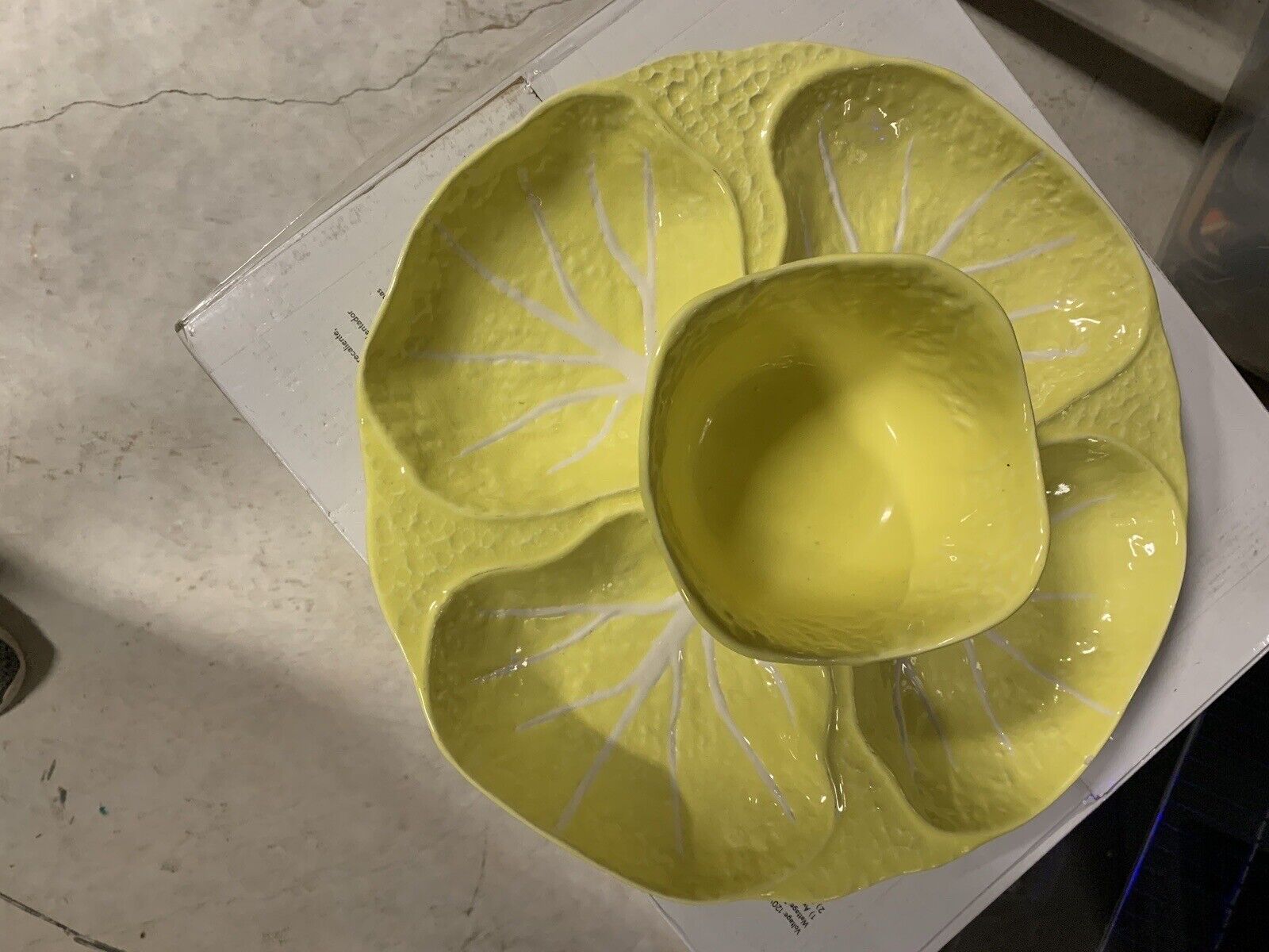 Image Inn Bright Yellow Majolica “Yellow Cabbage” Ceramic Chip & Dip Two Piece 