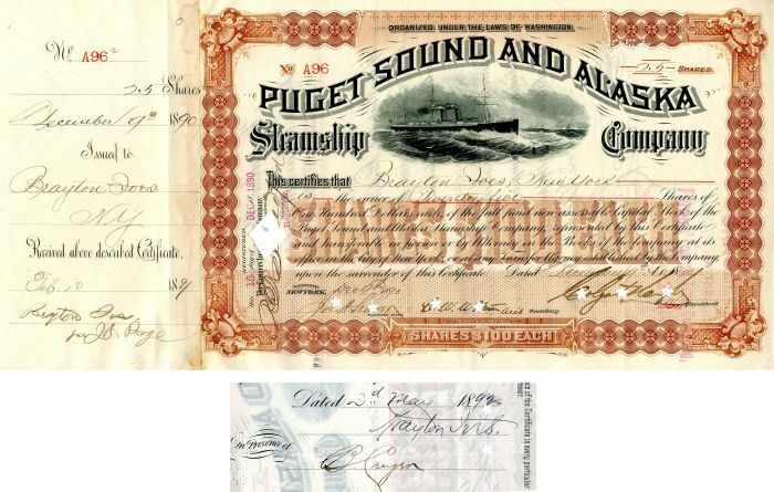 Puget Sound and Alaska Steamship Co. Issued to and signed by Brayton Ives and si