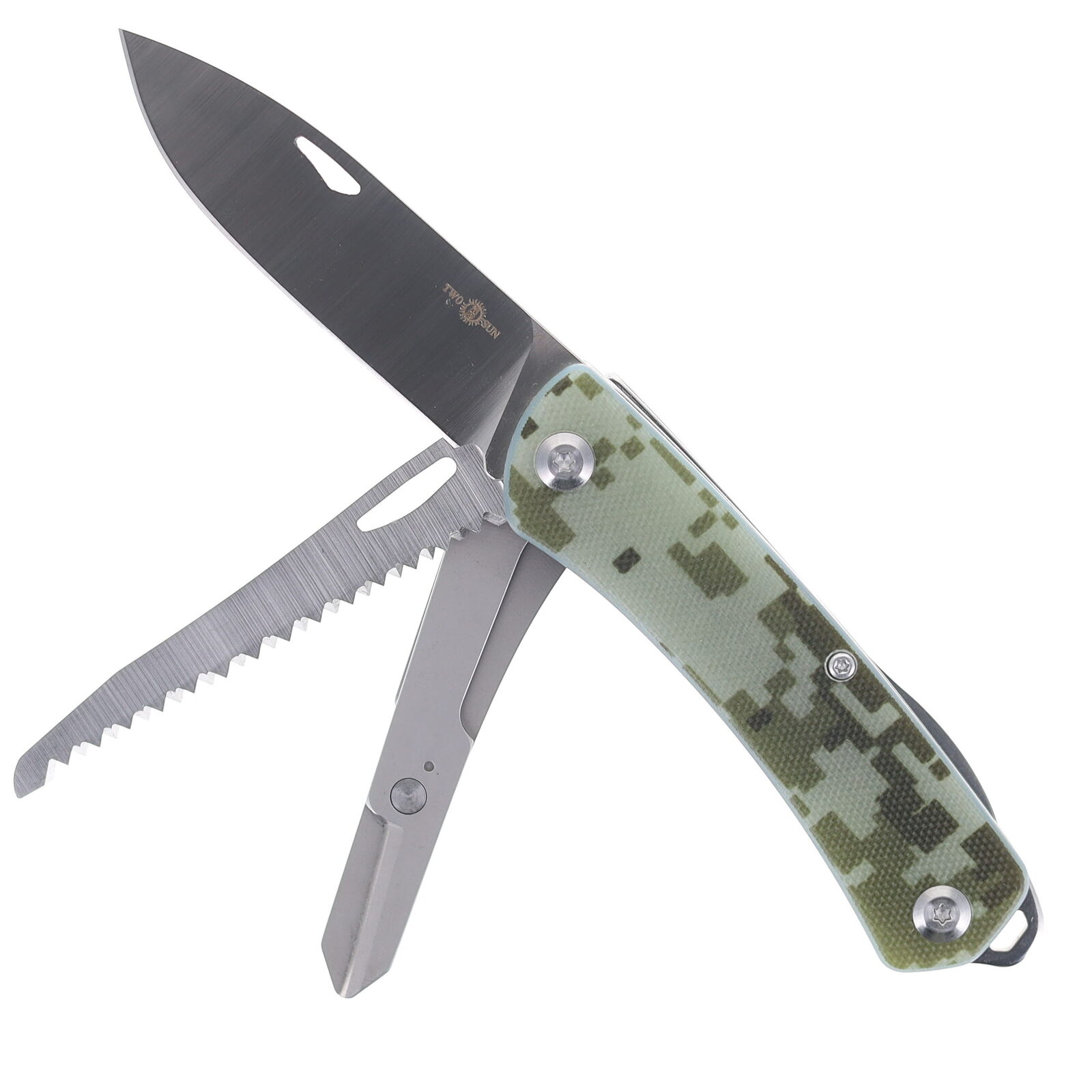 Two Sun Folding Knife/Multi-Tool Camo Handle Plain Edge TS206-Camo
