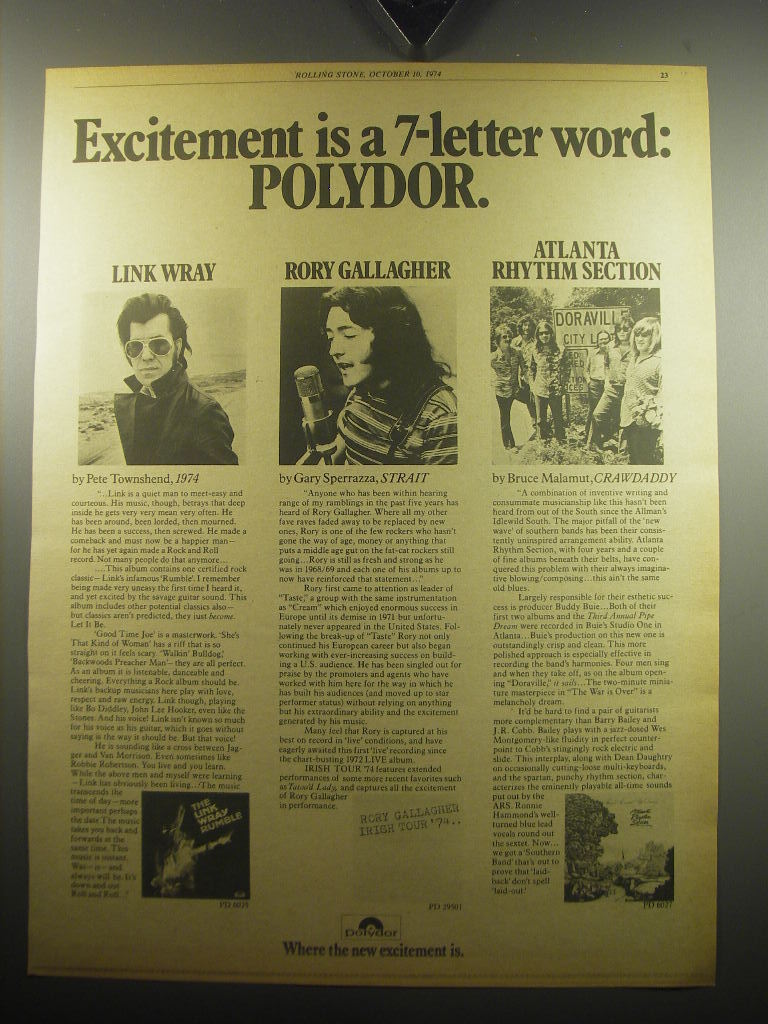 1974 Polydor Records Ad - The Link Wray Rumble; Rory Gallagher Irish Tour \'74
