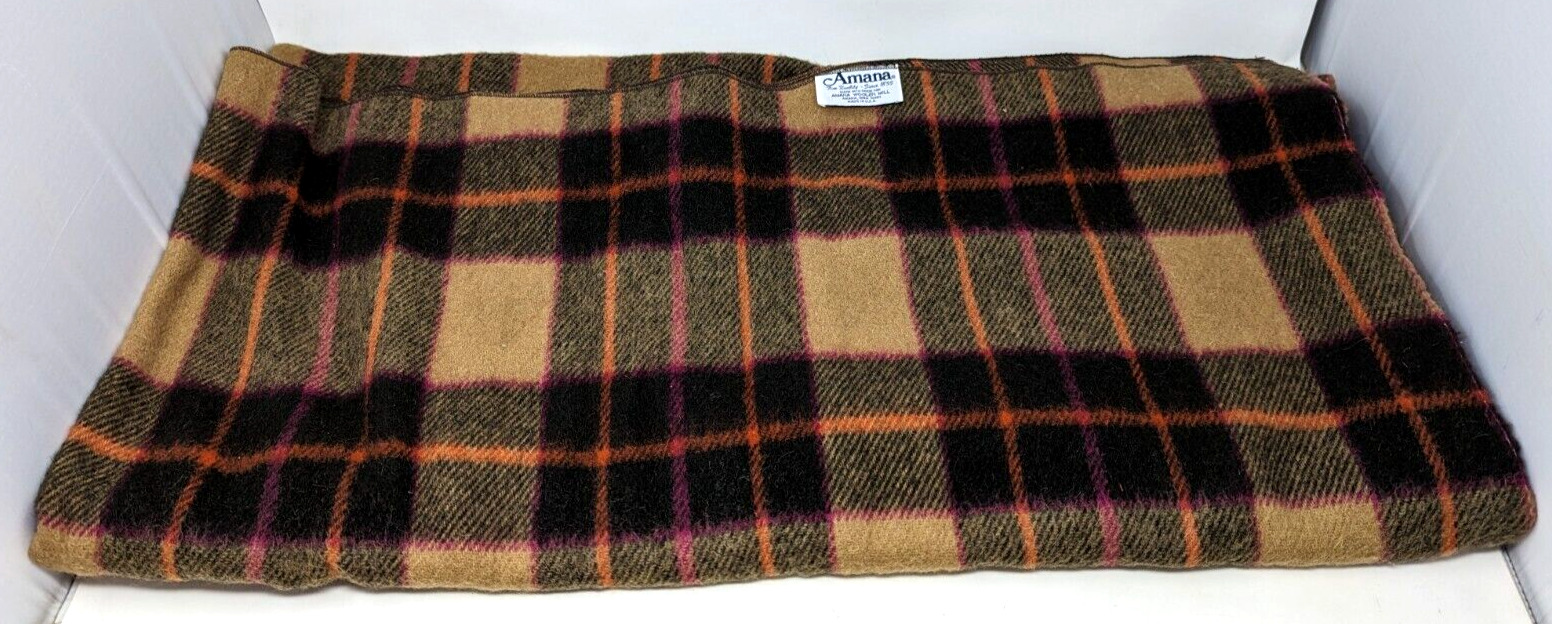 VTG Amana Woolen Mill Brown Plaid Tartan Wool Throw Blanket 60\
