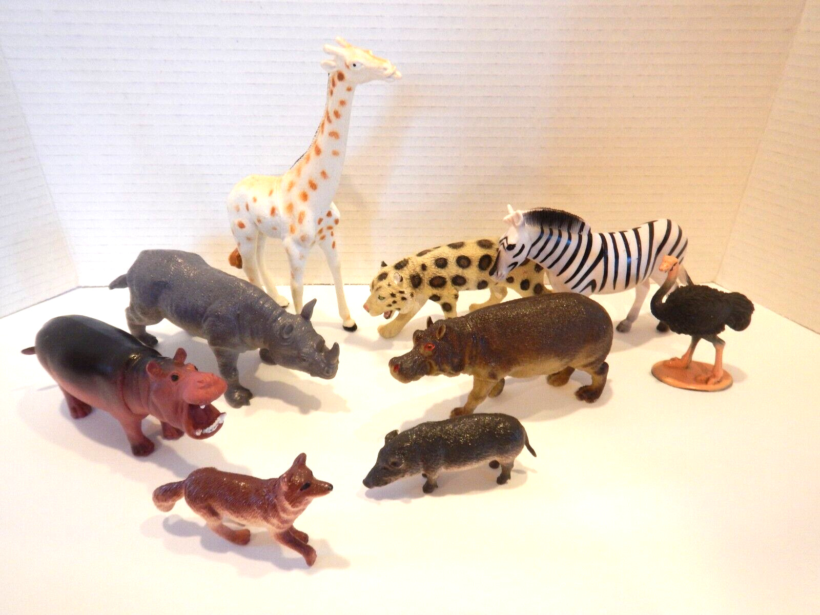 Vintage Wild Animals Hard Rubber Toy Lot of 9 China Hippo Giraffe Boar Leopard +