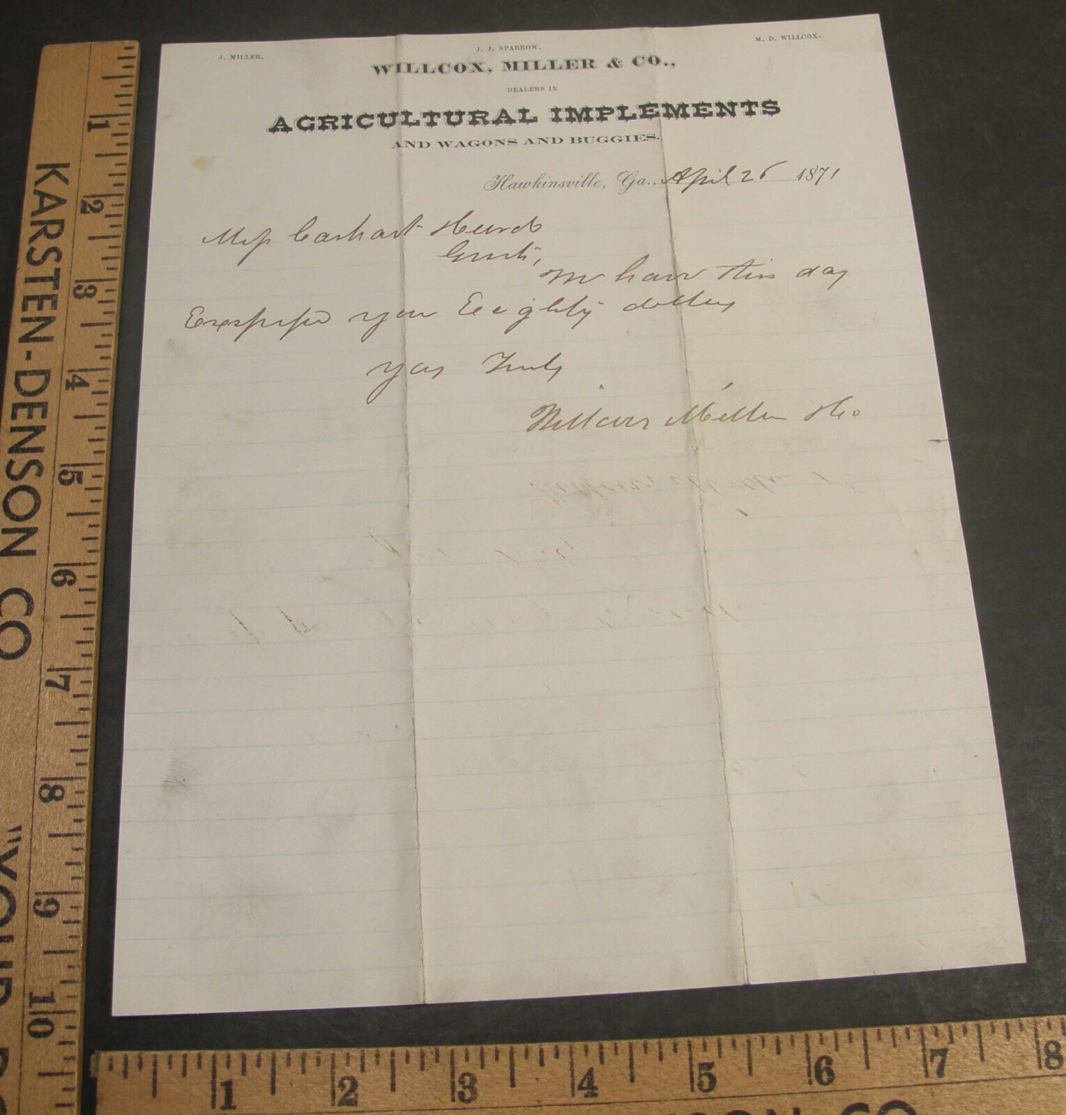 ANTIQUE LETTERHEAD WILLCOX MILLER & CO AGRICULTURAL IMPLEMENTS HAWKINSVILLE GA