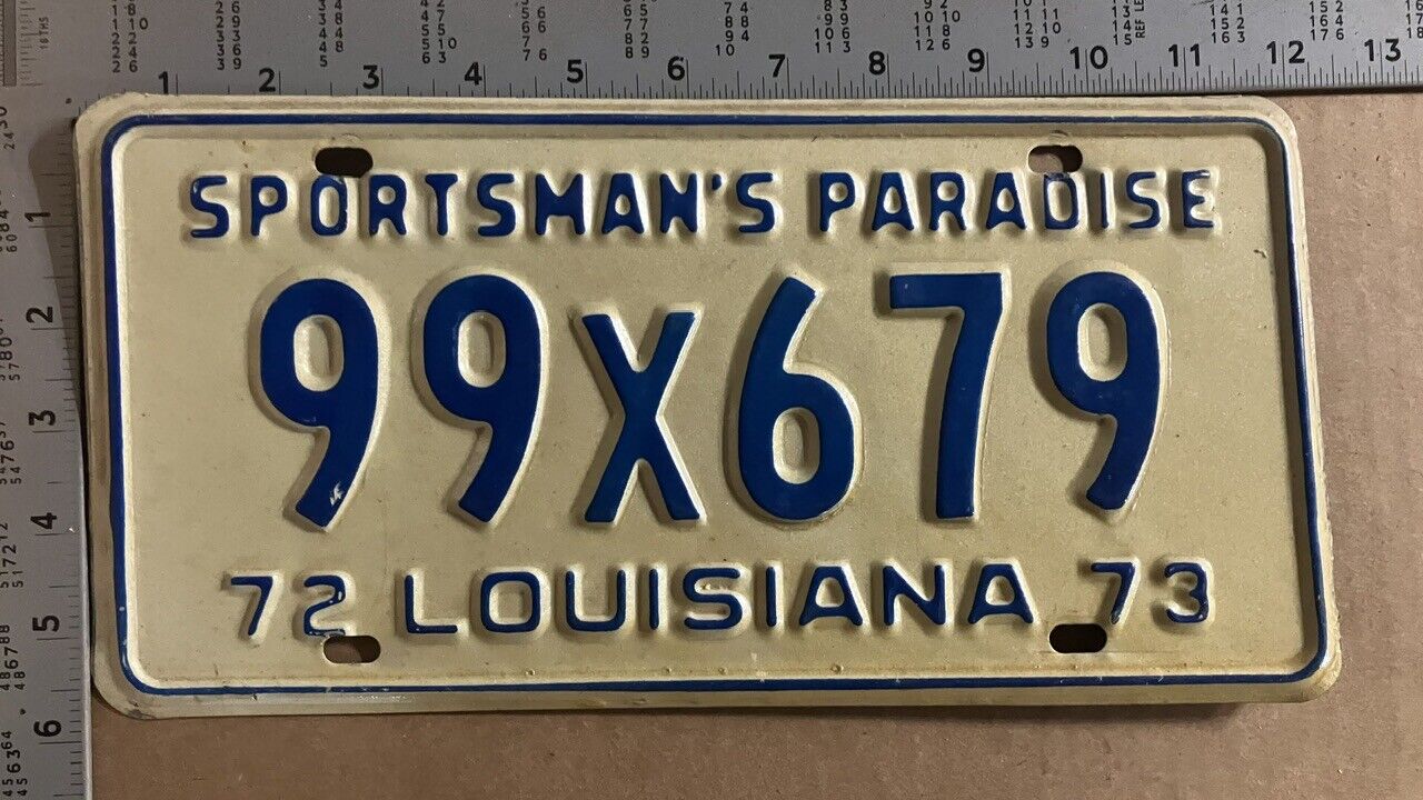 Louisiana 1972 1973 license plate 99 X 679 YOM DMV excellent original 8119