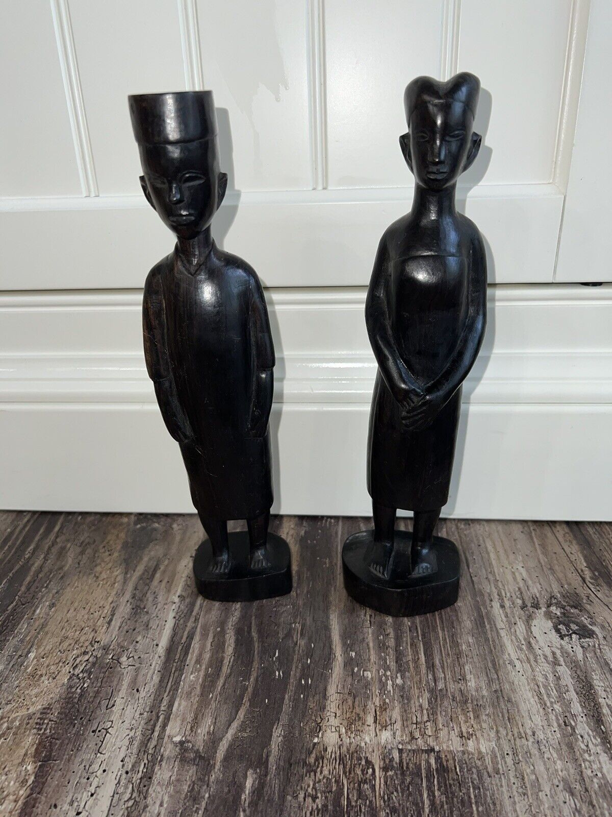 Vtg. Set Hand Carved Ebony Rosewood African Tribal Women Man Figures 9.5 In