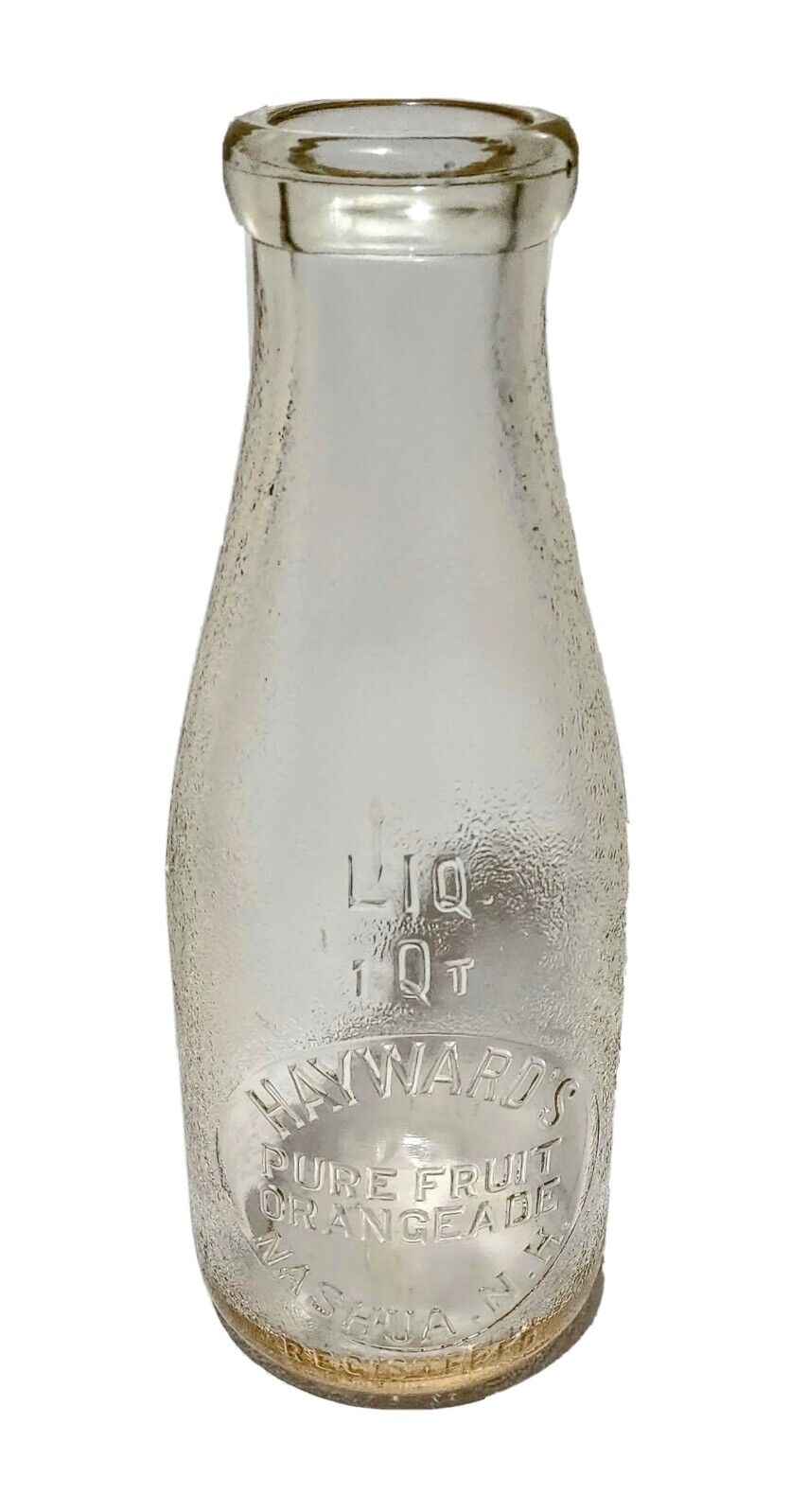Rare Embossed HAYWARD\'S PURE FRUIT ORANGEADE NASHUA, NH 1 Qt Glass Milk Bottle 