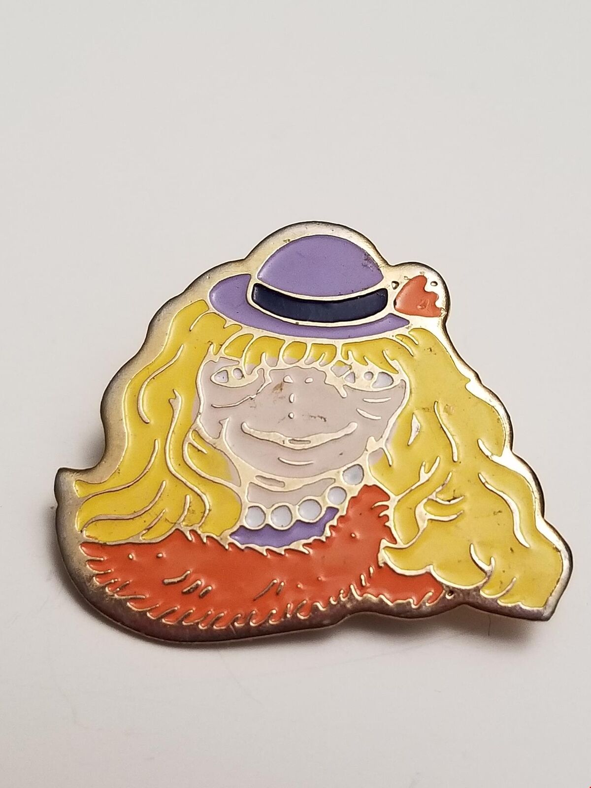 Blond Lady Girl Purple Hat Unusual Design Lapel Pin 1866